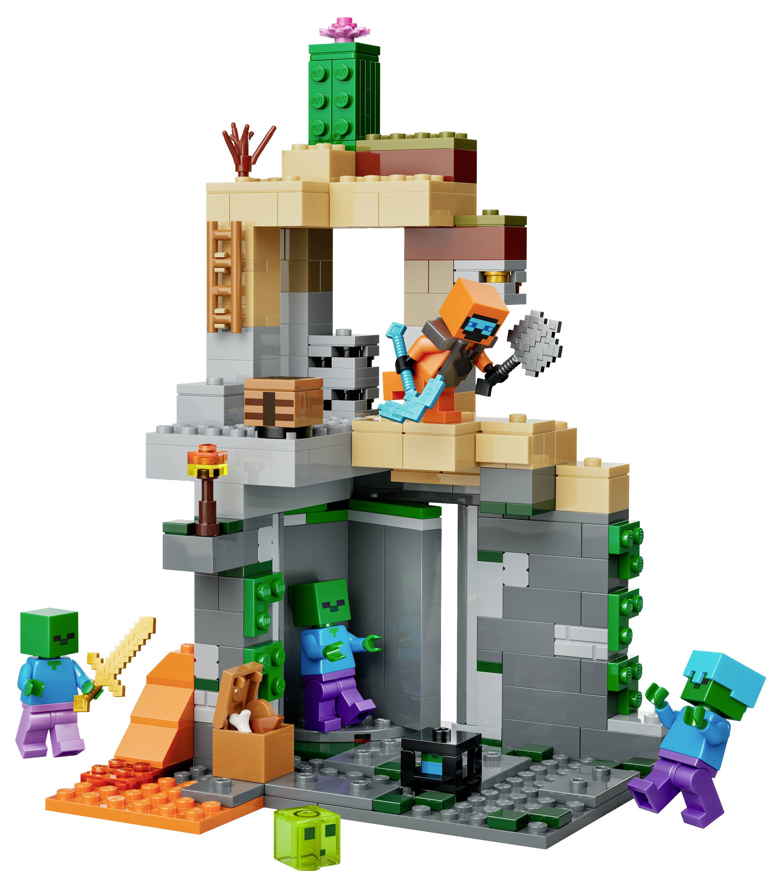 Ein Spielzeugset, das eine Höhle darstellt, mit einer Figur in Rüstung, die eine Axt hält, umgeben von blockartigen Figuren, die Zombies ähneln, sowie verschiedenen Bergbau-Elementen.