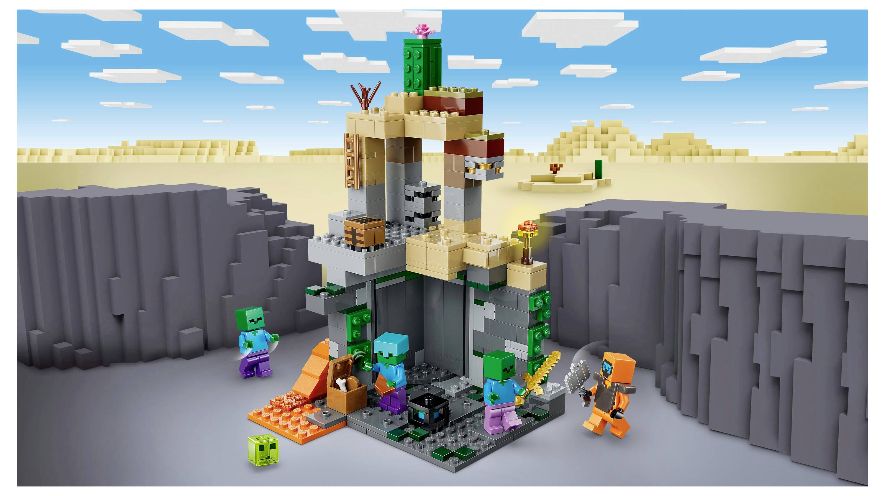 Eine LEGO-Szene stellt eine verpixelte Festung in einer Wüste dar, in der eckige Charaktere, darunter Zombies und Abenteurer, einen Kampf austragen.