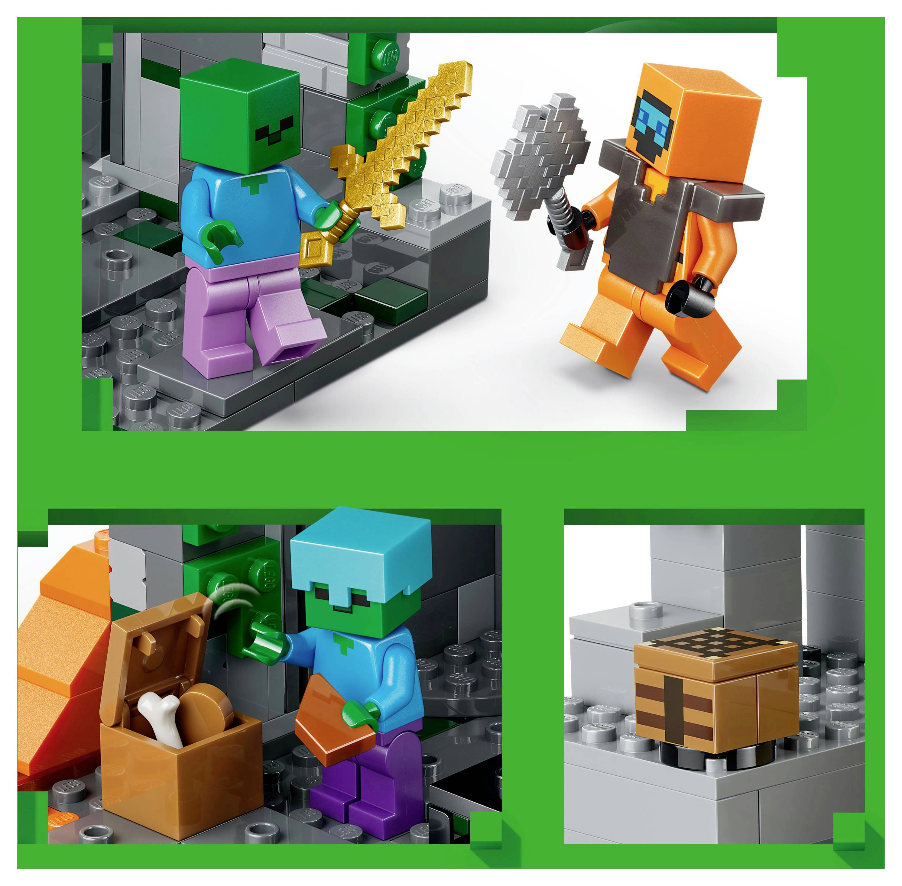 Zwei Figuren mit eckigen Köpfen in einer Spielumgebung: eine in Grün mit einem Schwert, eine andere in Orange mit einer Streitaxt. Darunter eine Schatztruhe und ein Arbeitstisch zum Herstellen von Gegenständen.