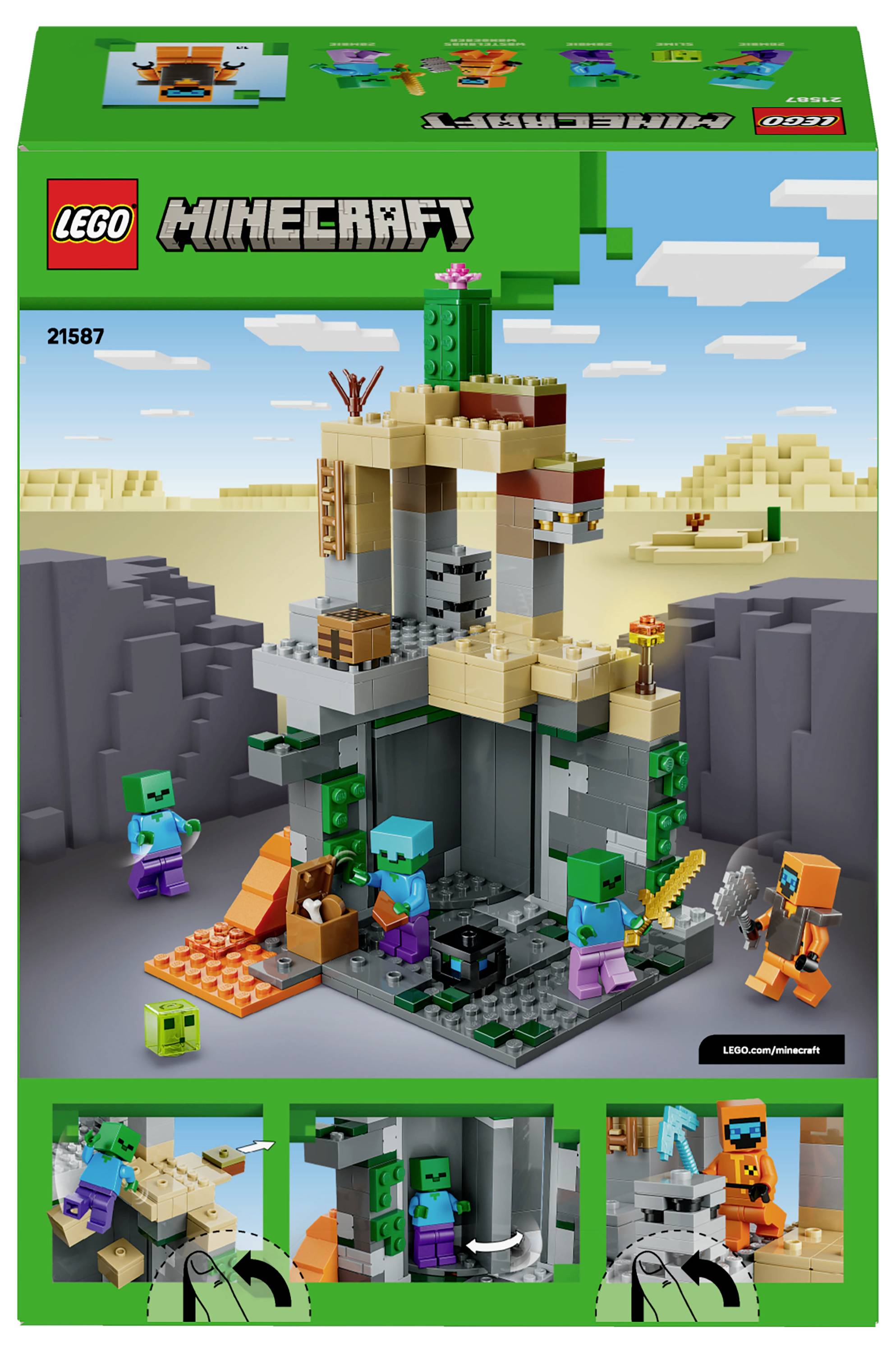 Eine LEGO Minecraft-Spieleschachtel, die eine Höhle mit Figuren und Zubehör darstellt, einschließlich eines Zombies, eines Creepers und eines Höhlenforschers mit Werkzeugen.