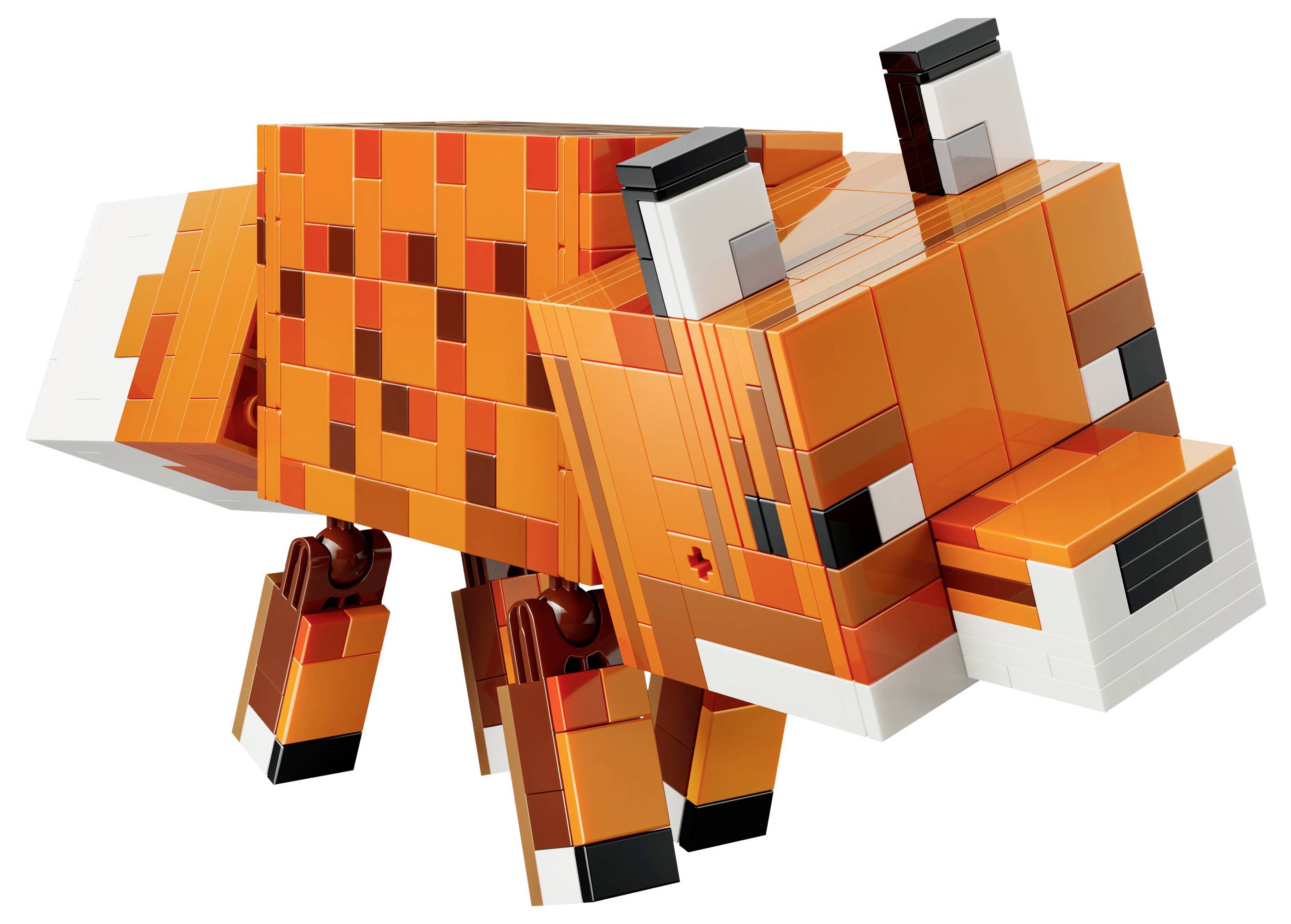 Eine eckige, orange-weiße Spielzeugfuchs-Figur mit schwarzen Ohrenspitzen, hergestellt aus ineinandergreifenden Plastiksteinen, die einem digitalen Videospielcharakter ähnelt.