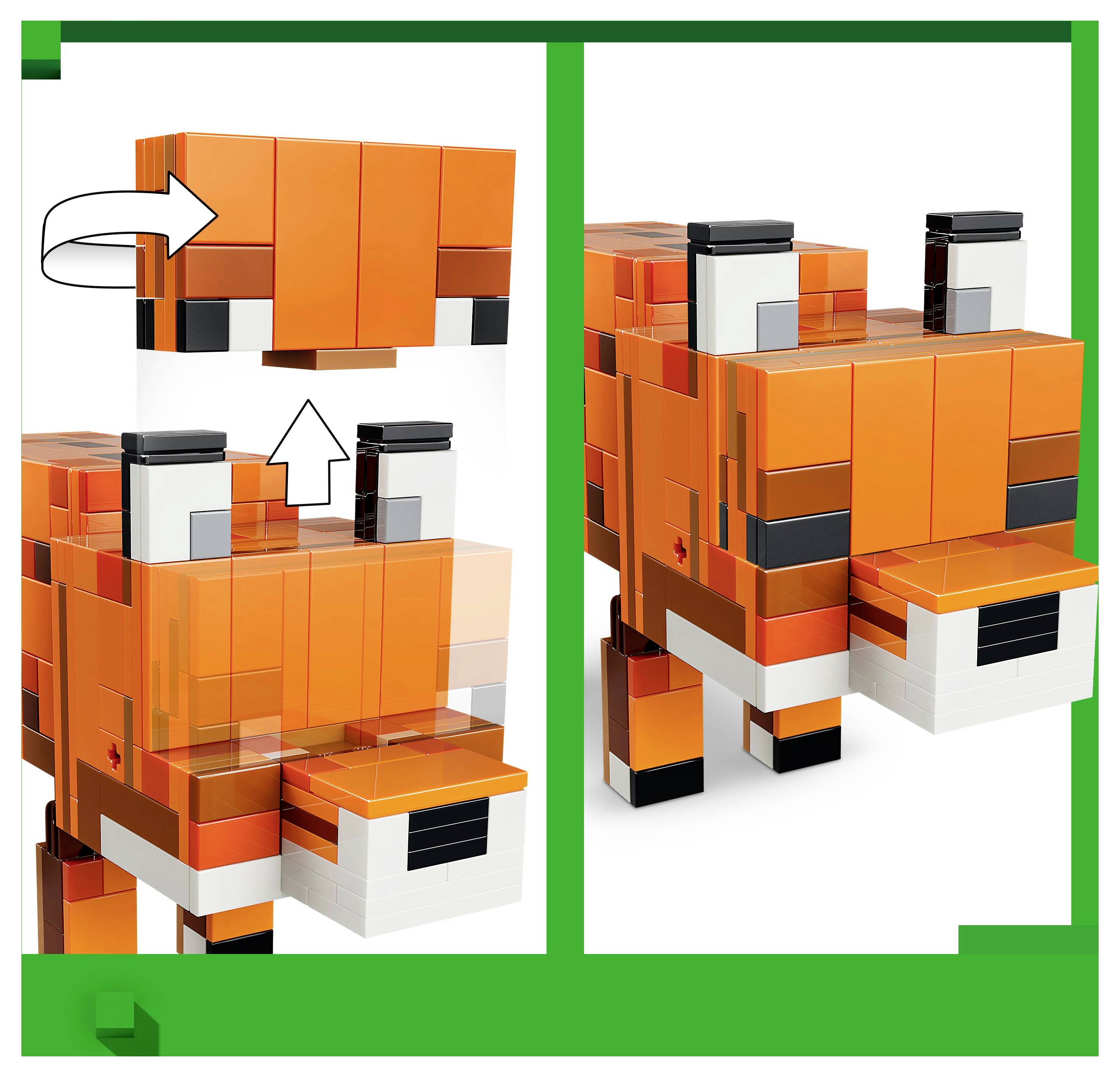 Spielzeugfuchs-Figur mit verstellbarem Kopf und Beinen. Diagramm zeigt, wie der Kopf am Körper befestigt wird. Helles orangefarbenes Design.