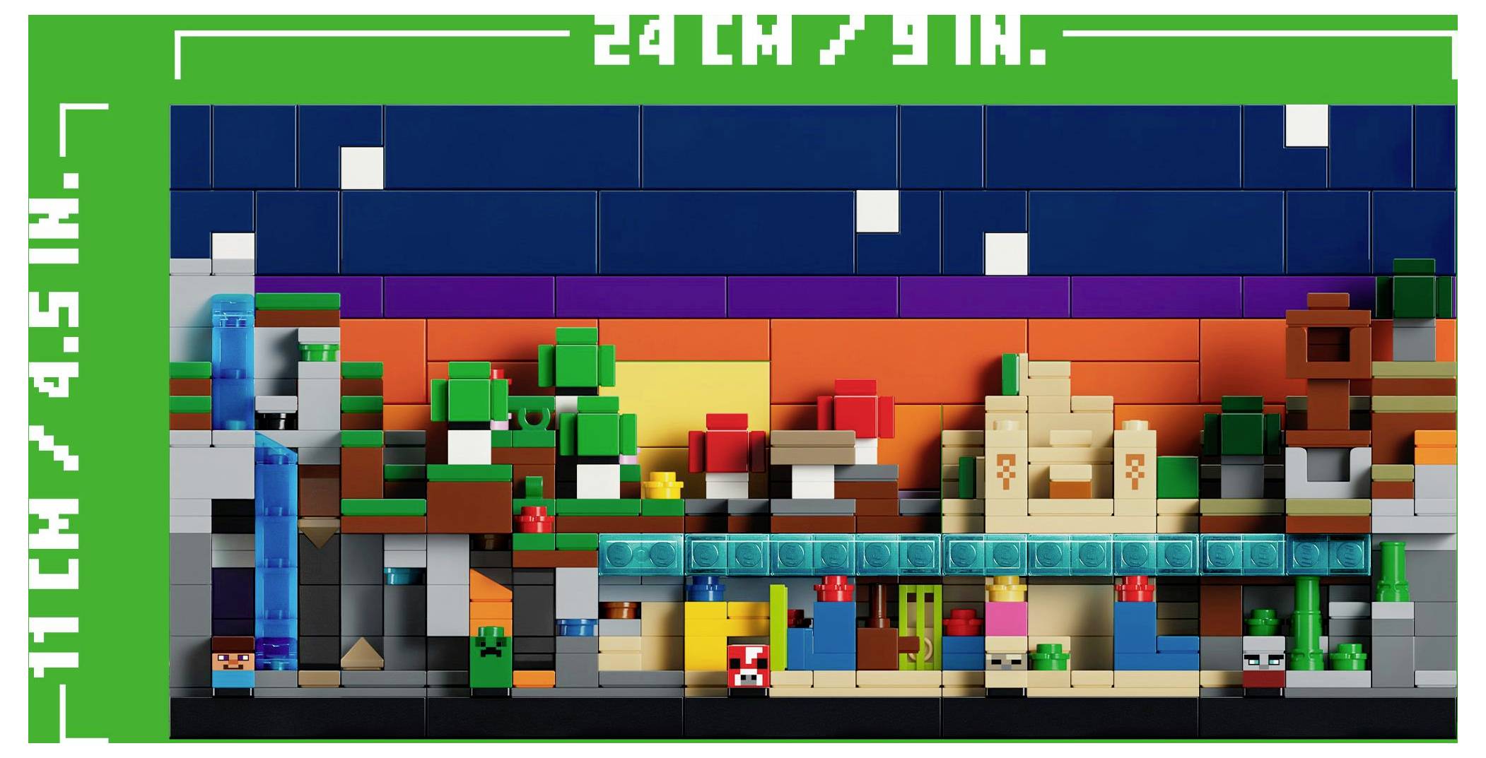 Lego-Kunstwerk, das eine farbenfrohe, pixelierte Landschaft mit Bäumen, Wasser und Gebäuden vor einem Abendhimmel darstellt. Abmessungen: 24x11 cm.