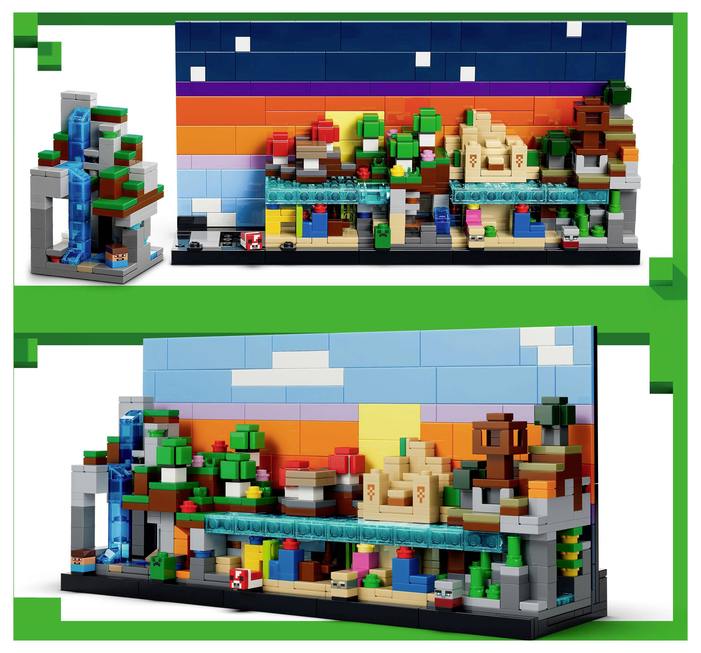 Lego-Set, das eine farbenfrohe Landschaft mit Bäumen, einem Wasserfall und einem Sonnenuntergangshimmel im Hintergrund darstellt und eine detaillierte Konstruktion vorweist.