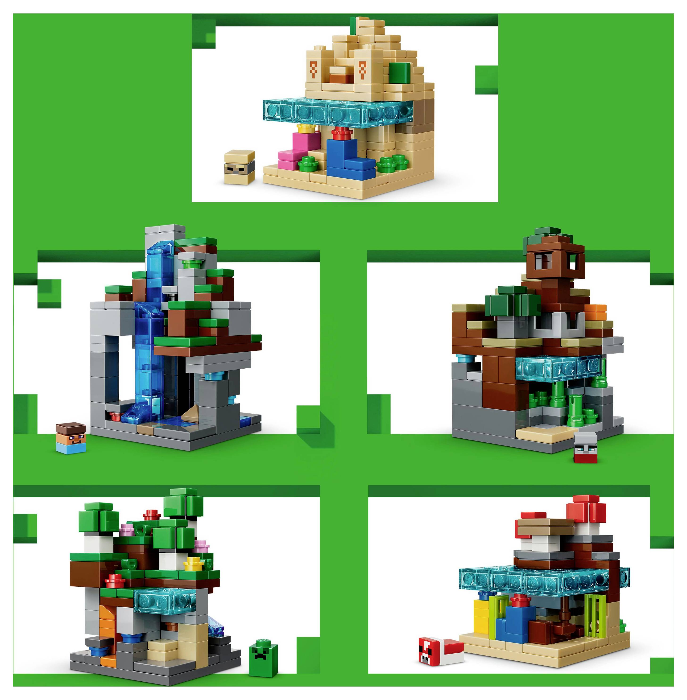 Eine Sammlung von fünf Minecraft LEGO-Modellen mit detaillierten Miniatur-Landschaften und Charakteren, die sich in Struktur und Thema unterscheiden.