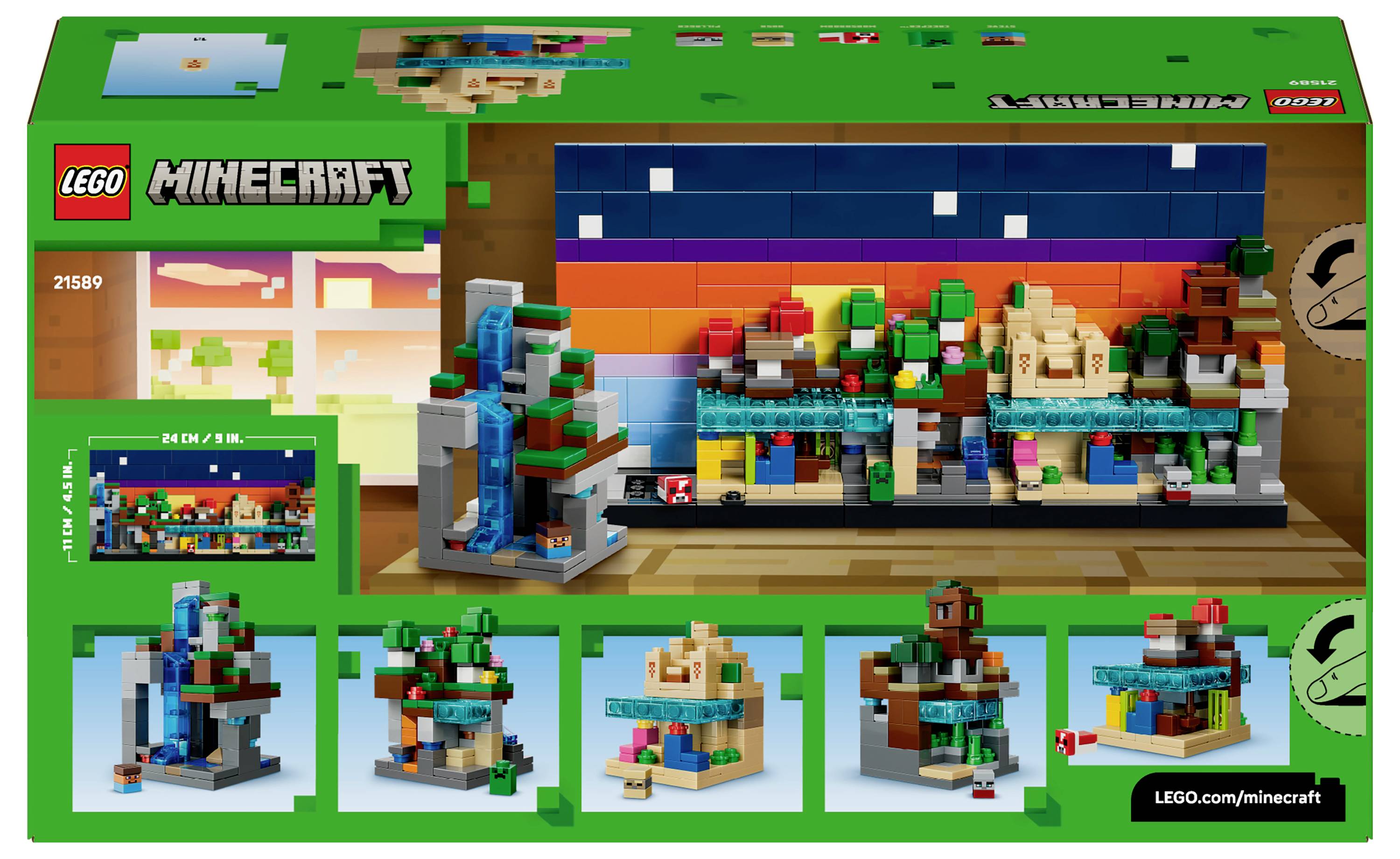 Lego Minecraft Set-Box zeigt verschiedene farbenfrohe baubare Szenen, die einer Spielwelt mit Landschaften, Gebäuden und Charakteren ähneln.