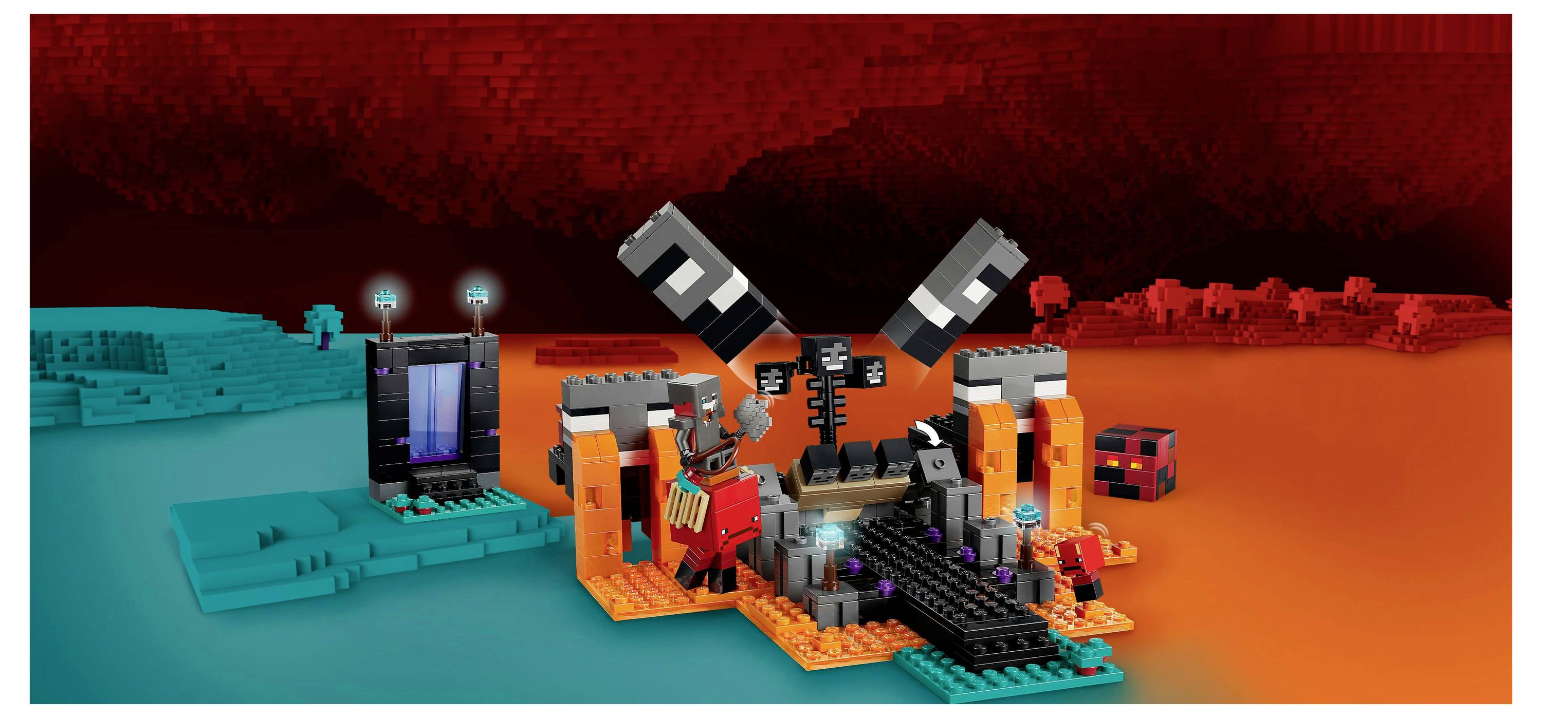 Ein LEGO Minecraft-Set, das eine Nether-thematische Szene mit einem Portal, Lavablöcken und Figuren in einer feurigen Landschaft darstellt.