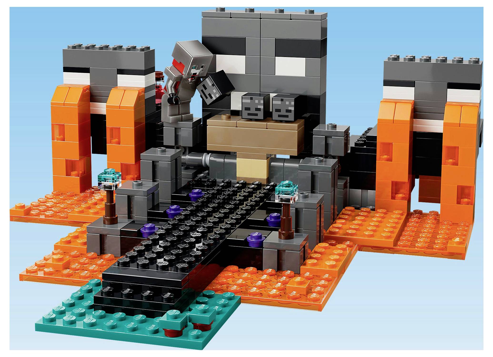 LEGO-Set, das eine fiktive Kreatur mit einem großen Mund und Augen darstellt, die mit schwarzen und orangefarbenen Steinen gebaut wurde, auf einer lavaähnlichen Basis.