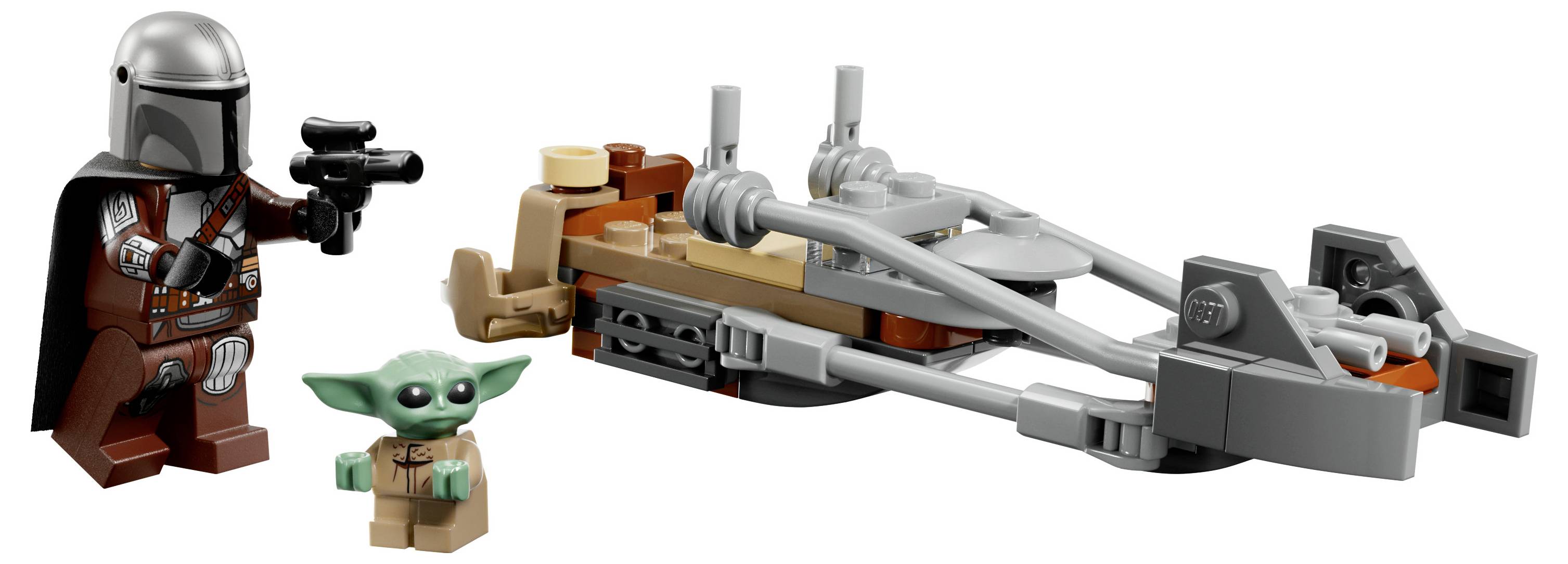 LEGO-Set mit einer Mandalorian-Figur mit einem Blaster, einer kleinen Aliengestalt und einem detaillierten Gleiter.