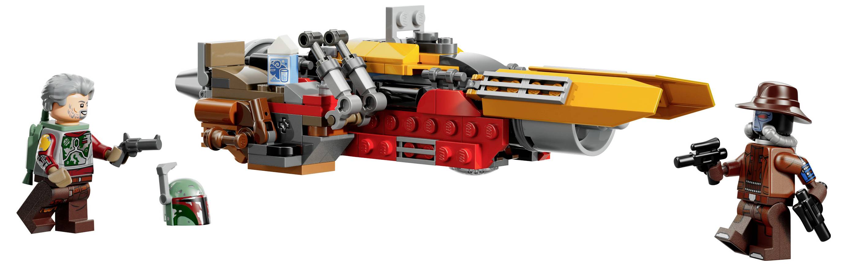 Zwei Figuren mit Waffen nähern sich einem detaillierten gelben und roten Raumschiff, das aus ineinandergreifenden Bausteinen besteht. Ein Helm liegt in der Nähe.