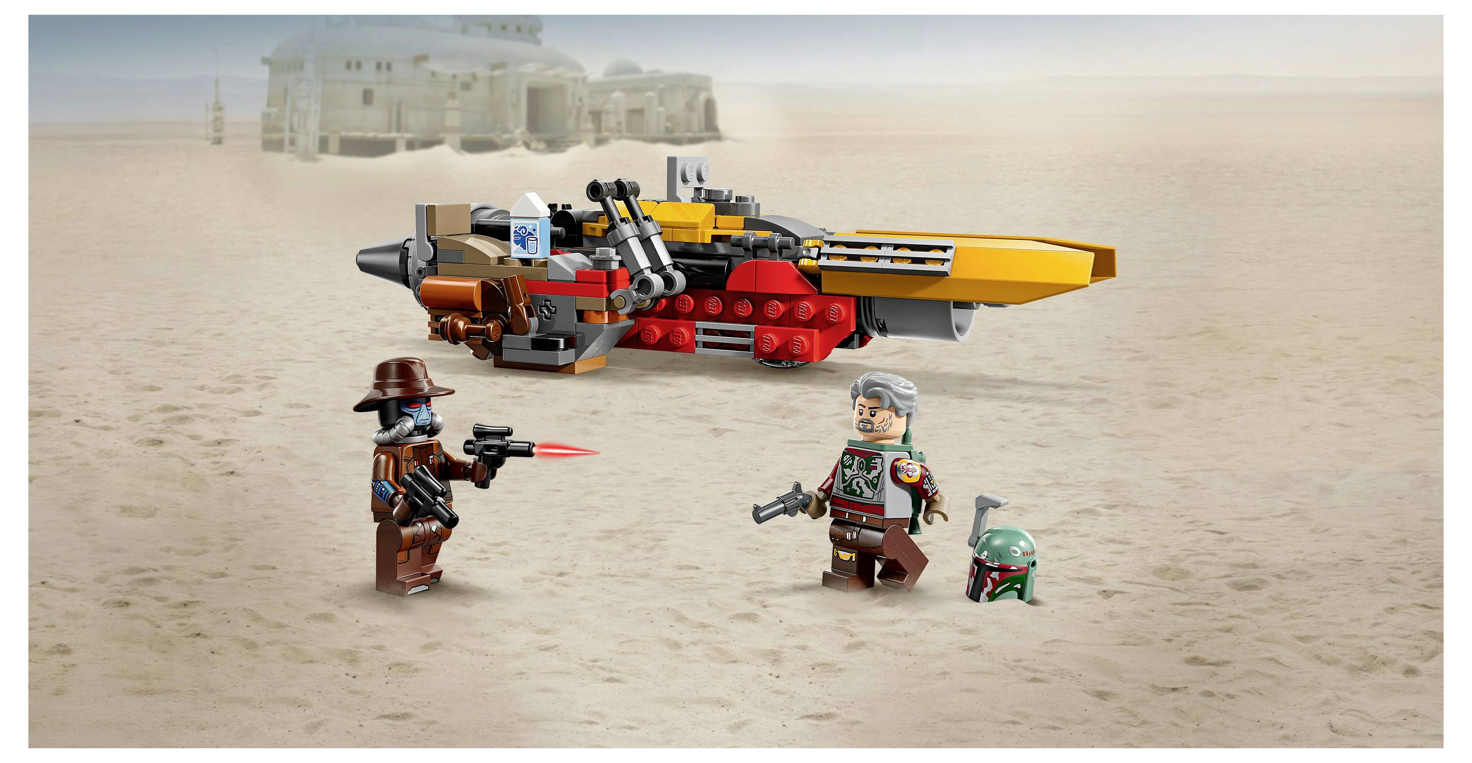 Zwei LEGO-Figuren, von denen eine eine Blasterwaffe auf die andere richtet, stehen auf sandigem Gelände mit einem nahegelegenen Gleiter und einem Helm auf dem Boden. Im Hintergrund ein Gebäude in Wüstenlandschaft.