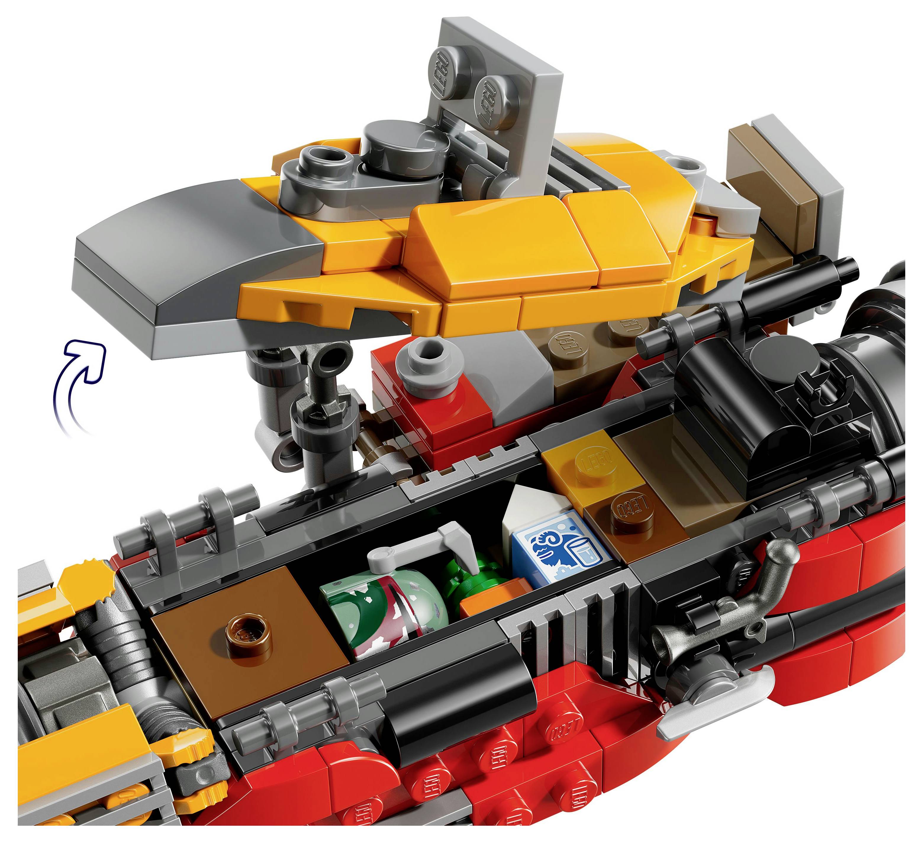 Ein LEGO-Raumschiffmodell mit einem offenen Cockpit und rotierenden Teilen, das ein detailliertes Innenleben und eine Charakterfigur im Inneren zeigt.