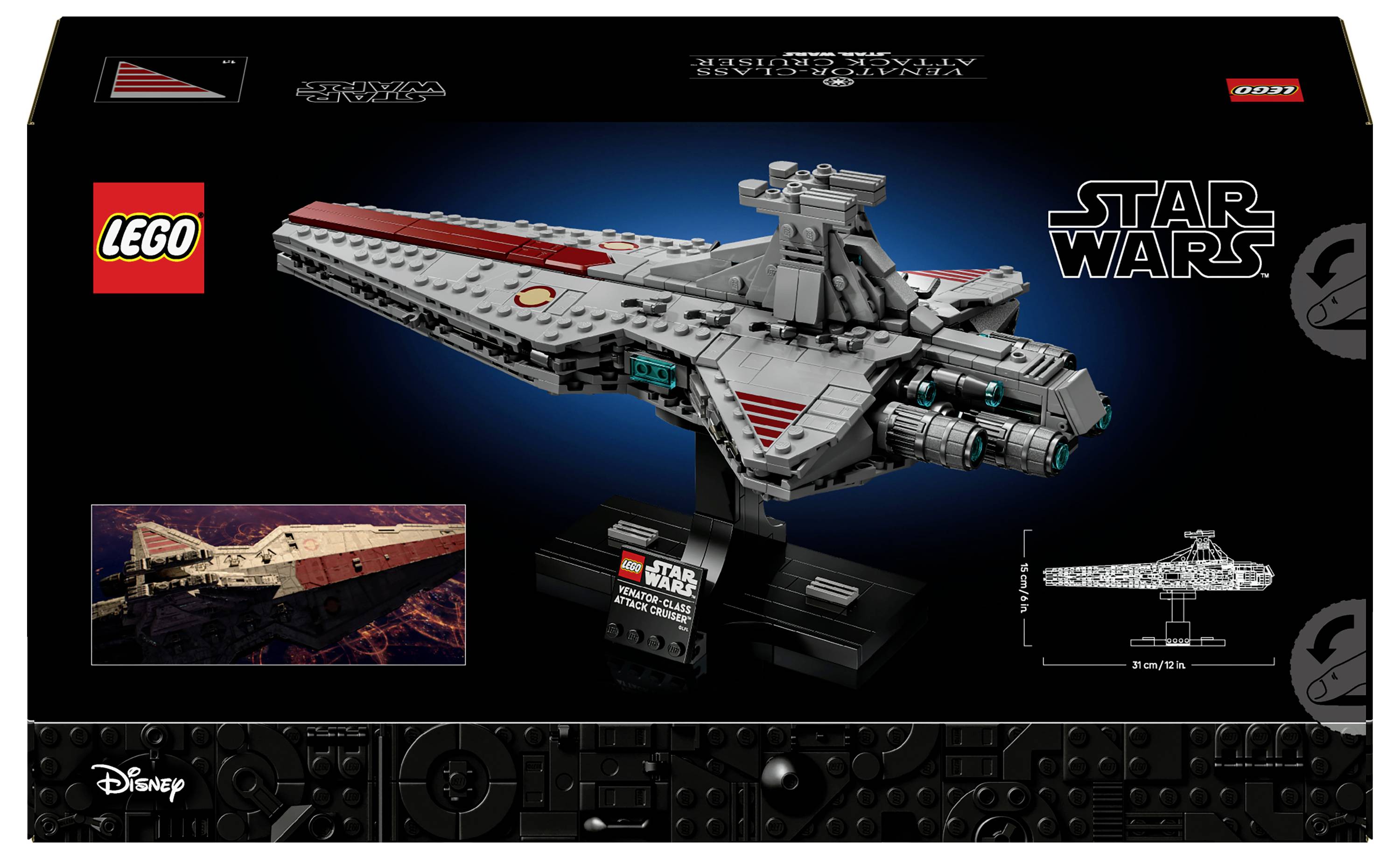 'Lego Star Wars' Schachtel mit einem Modell des Venator-Klasse Republik-Angriffskreuzers mit Produkt- und Markenlogos.