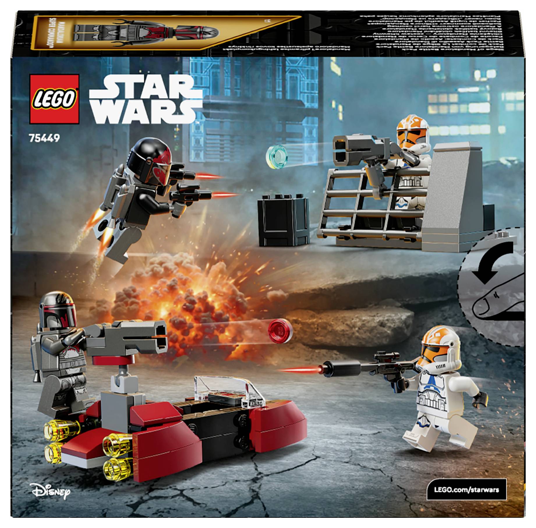 LEGO Star Wars Set 75449 Schachtel. Zeigt Minifiguren im Kampf mit Fahrzeugen und Blaster-Effekten vor einer Science-Fiction-Stadtkulisse.