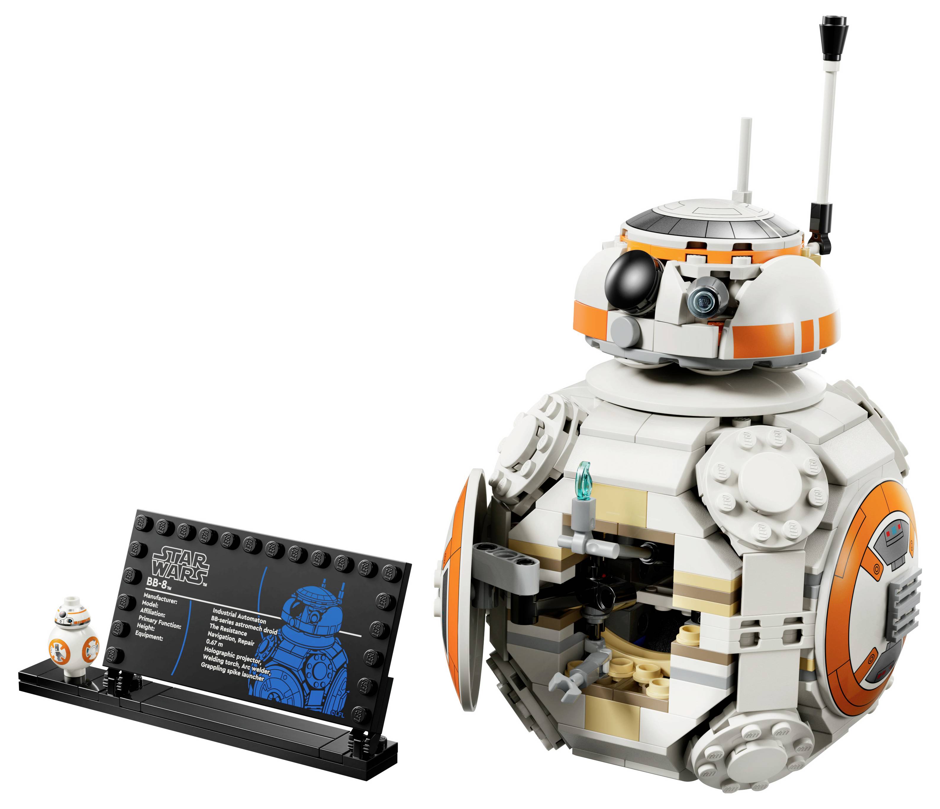 LEGO-Modell von BB-8 aus Star Wars, mit einer Ausstellungstafel und einer kleinen BB-8-Figur. Das Modell verfügt über einen drehbaren Kopf und sich öffnende Panels.