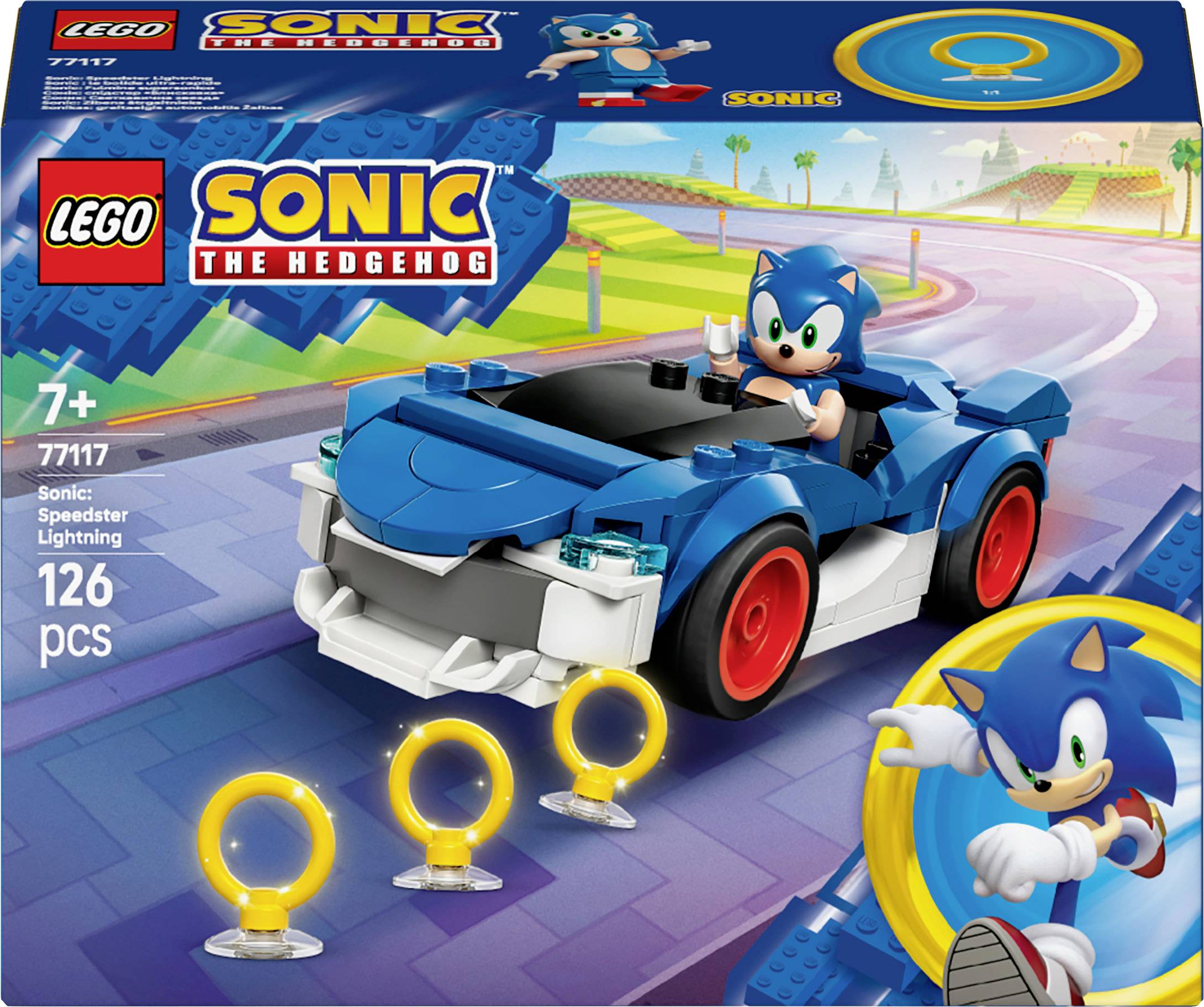 'Lego Sonic the Hedgehog' Bauset-Verpackung mit Bild von Sonic in einem blauen Auto mit Ringen, geeignet für Kinder ab 7 Jahren, 126 Teile.
