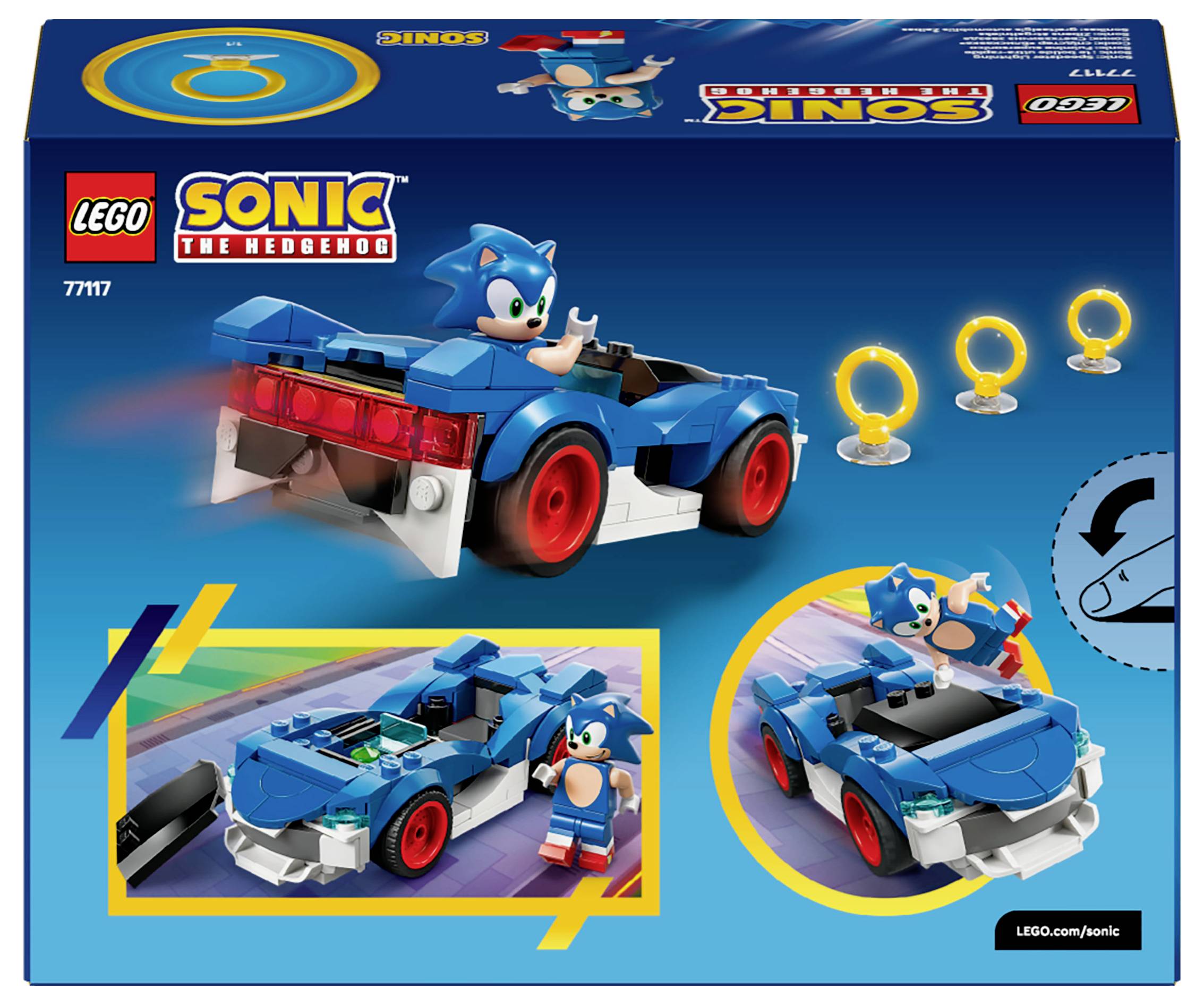 Eine LEGO-Set-Schachtel mit dem Motiv ‚Sonic the Hedgehog', die einen blauen Wagen mit Sonic-Figur, drei Ringe-Elementen und Spielfunktionen präsentiert.