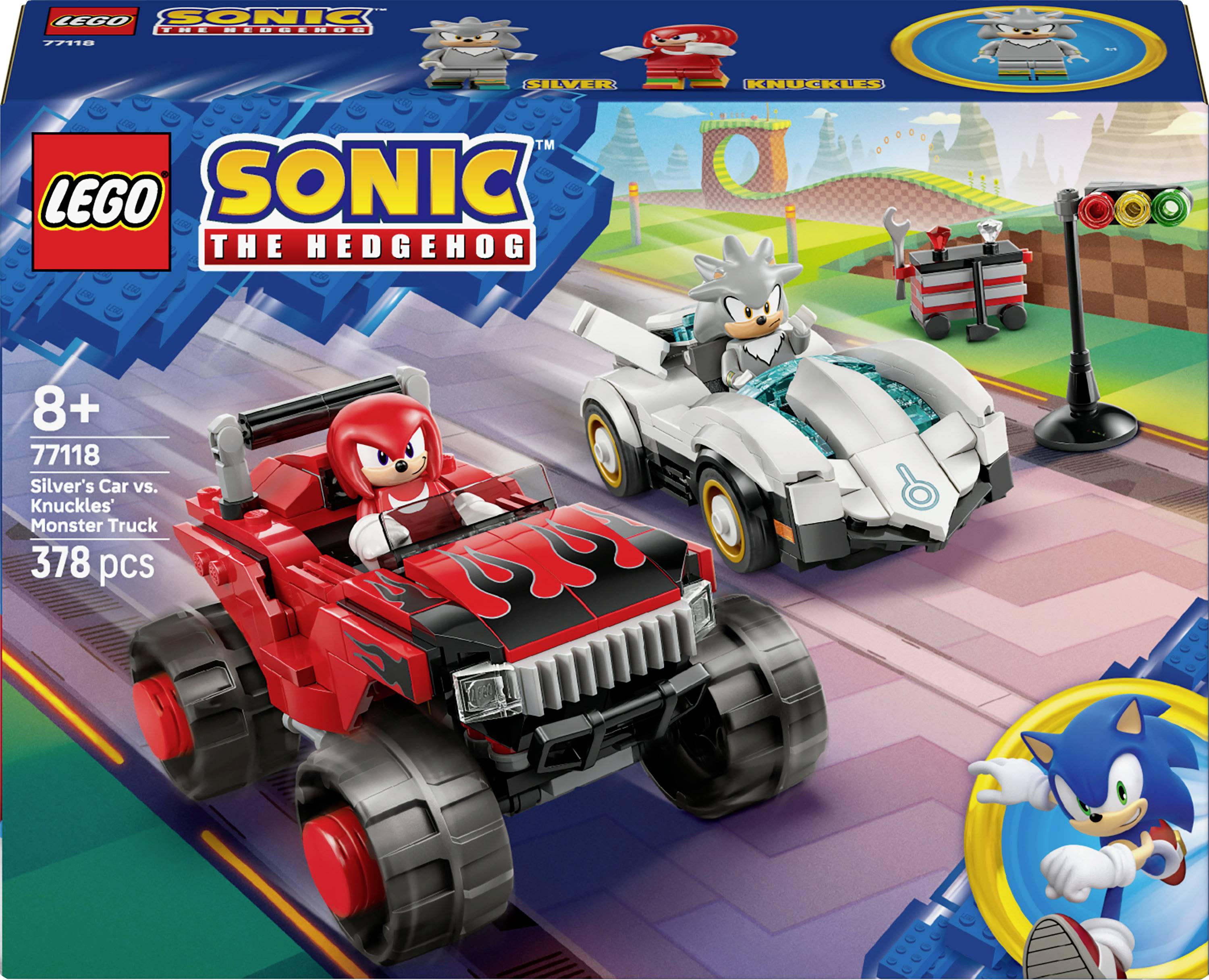 Lego Sonic the Hedgehog Set mit Silvers Auto und Knuckles' Monstertruck mit 378 Teilen, geeignet für Kinder ab 8 Jahren.