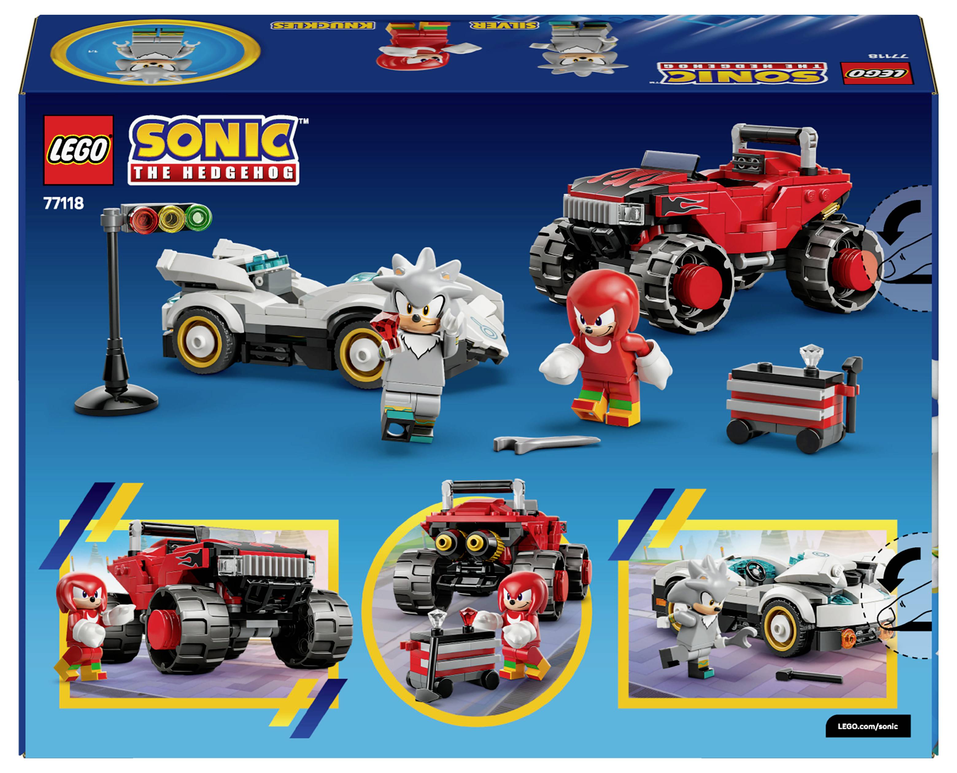LEGO-Set mit Sonic-Charakteren und -Fahrzeugen. Enthält ein rotes Geländefahrzeug, einen weißen Rennwagen und zwei Charakterfiguren mit Zubehör.