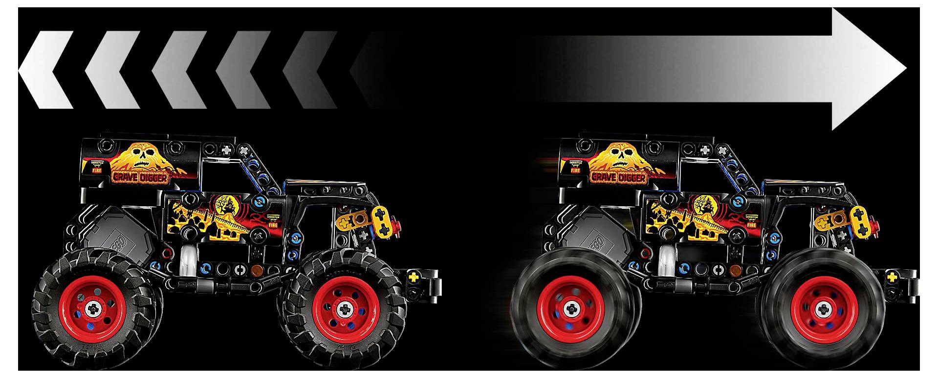 Spielzeug-Monstertruck mit Flammendekor und roten Rädern bewegt sich nach rechts, in zwei Bewegungsphasen dargestellt, mit einem Chevron-Pfeil, der die Richtung anzeigt.