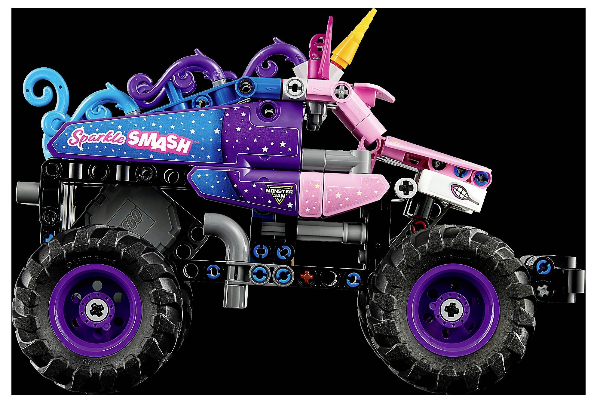 Ein bunter Spielzeug-Monstertruck mit großen Reifen, pink-blauem Design und einem Einhorn-Thema mit Horn und dem Schriftzug 'Sparkle SMASH'.