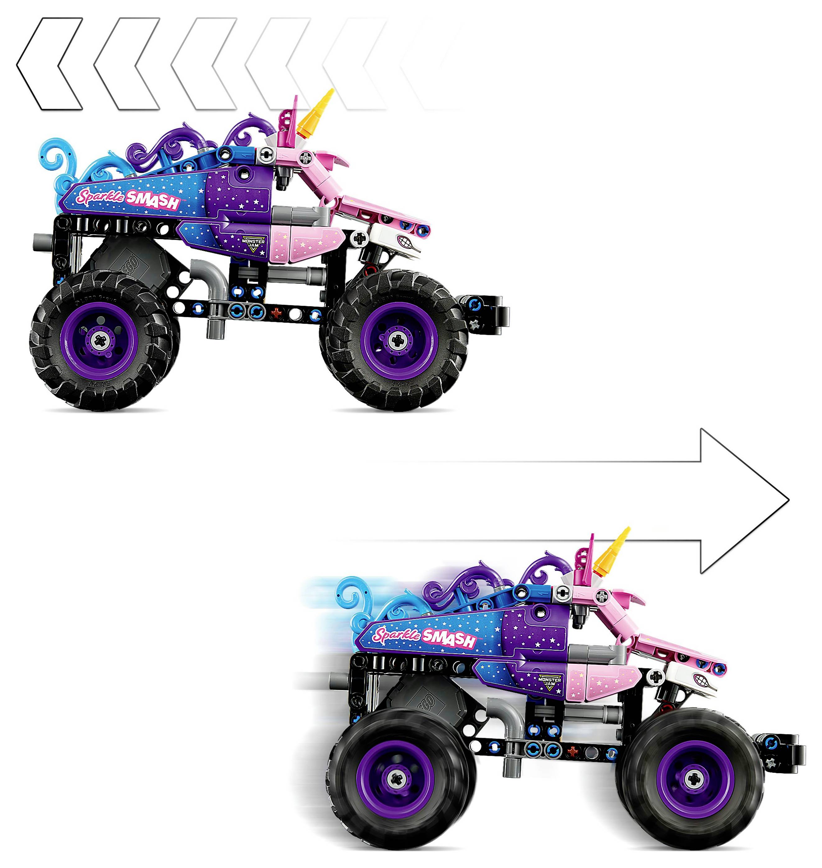 Ein Spielzeug-Monstertruck mit einem Einhorn-Thema wird im unteren Bild vorwärts bewegt, wobei ein Pfeil die Geschwindigkeit oder Bewegung anzeigt.