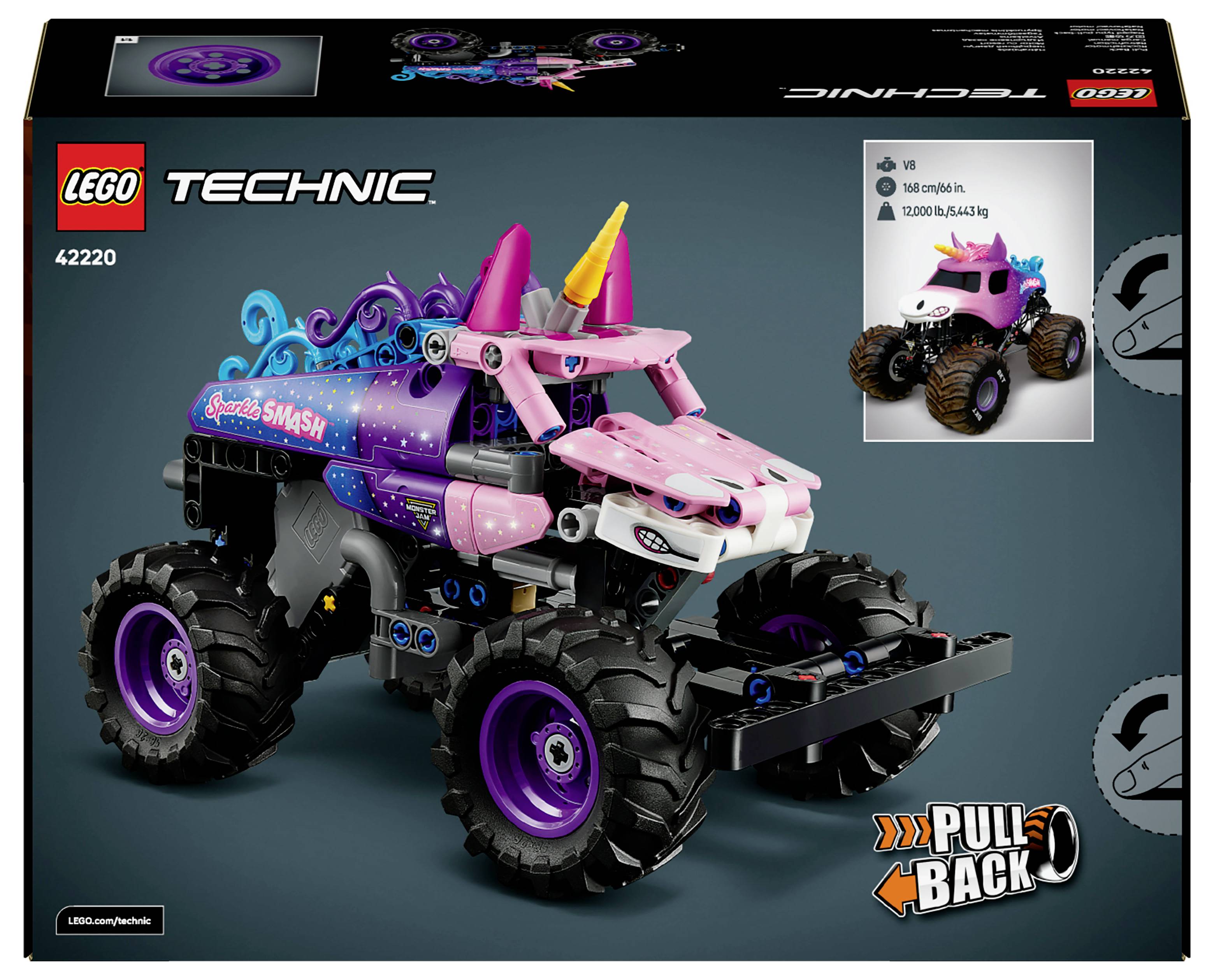 LEGO Technic 42220 Monster Jam Sparkle Smash-Set mit einer Einhorn-Monstertruck-Darstellung mit Rückzugsfunktion.