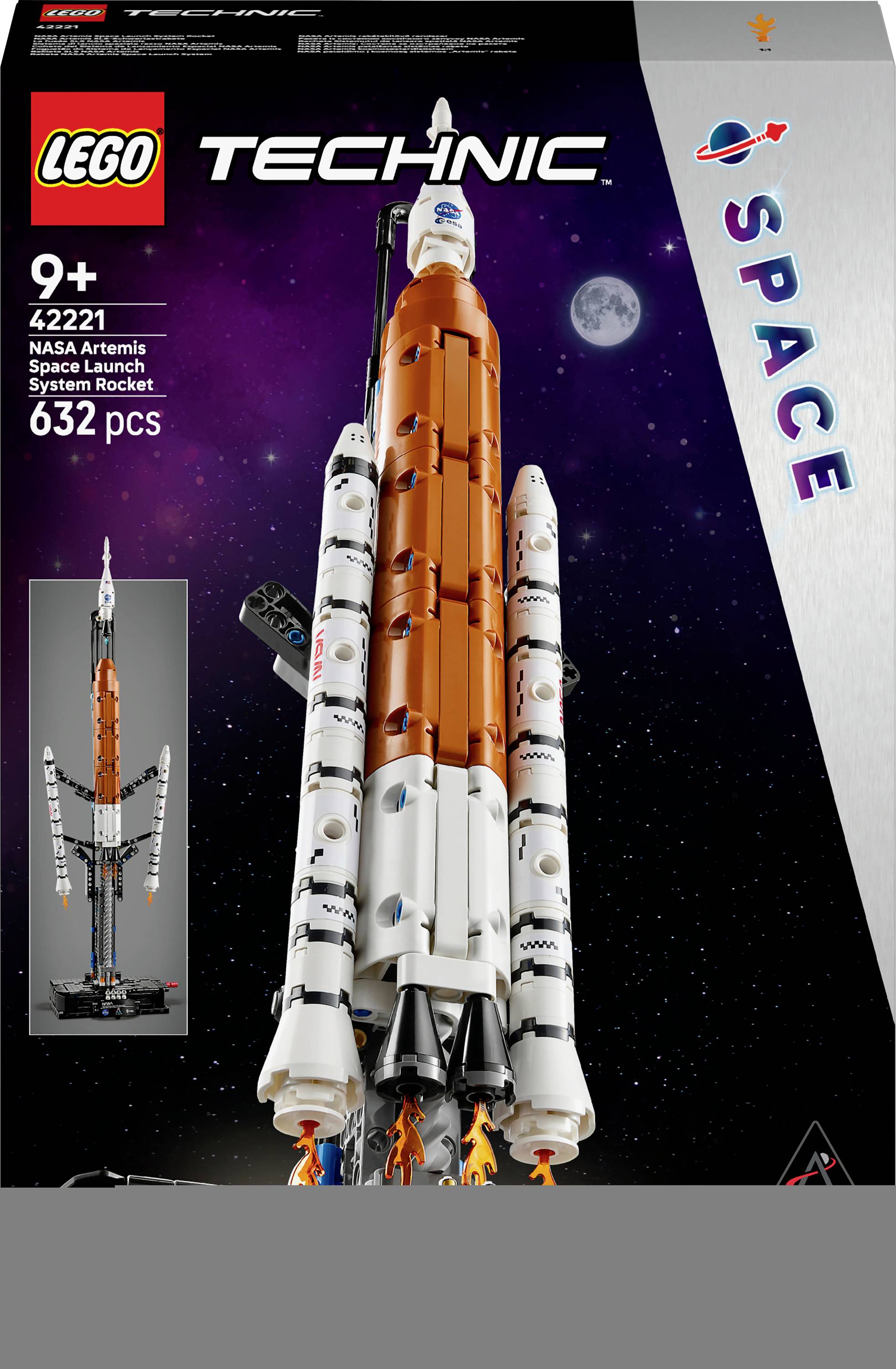 LEGO Technic NASA Artemis Space Launch System Rakete, 632 Teile, für Kinder ab 9 Jahren, präsentiert ein orangefarbenes und weißes Raketen-Modell.