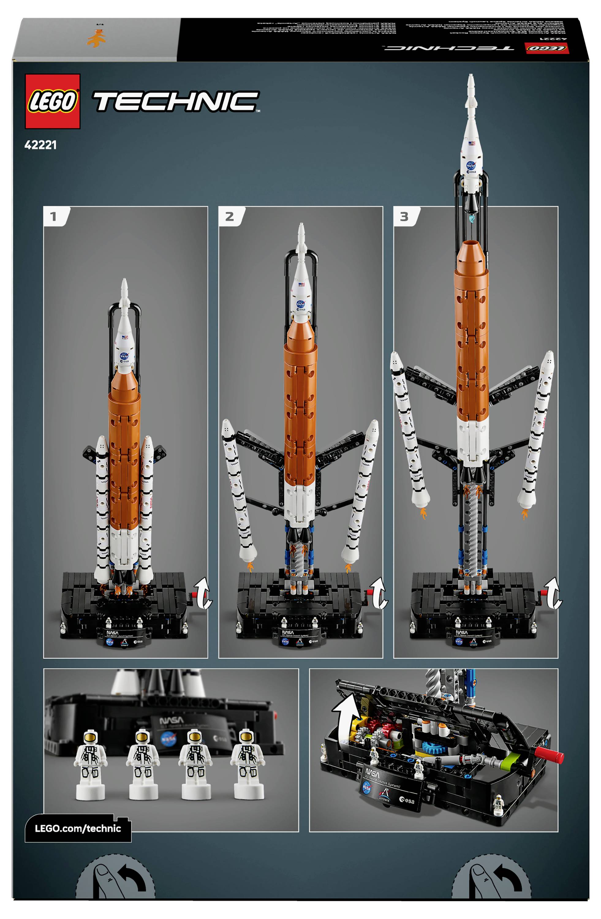 Lego Technic 42221-Set-Box, die ein baubares Modell einer Weltraumrakete mit detaillierten Raketenstufen, Astronauten-Minifiguren und internen Komponenten zeigt.