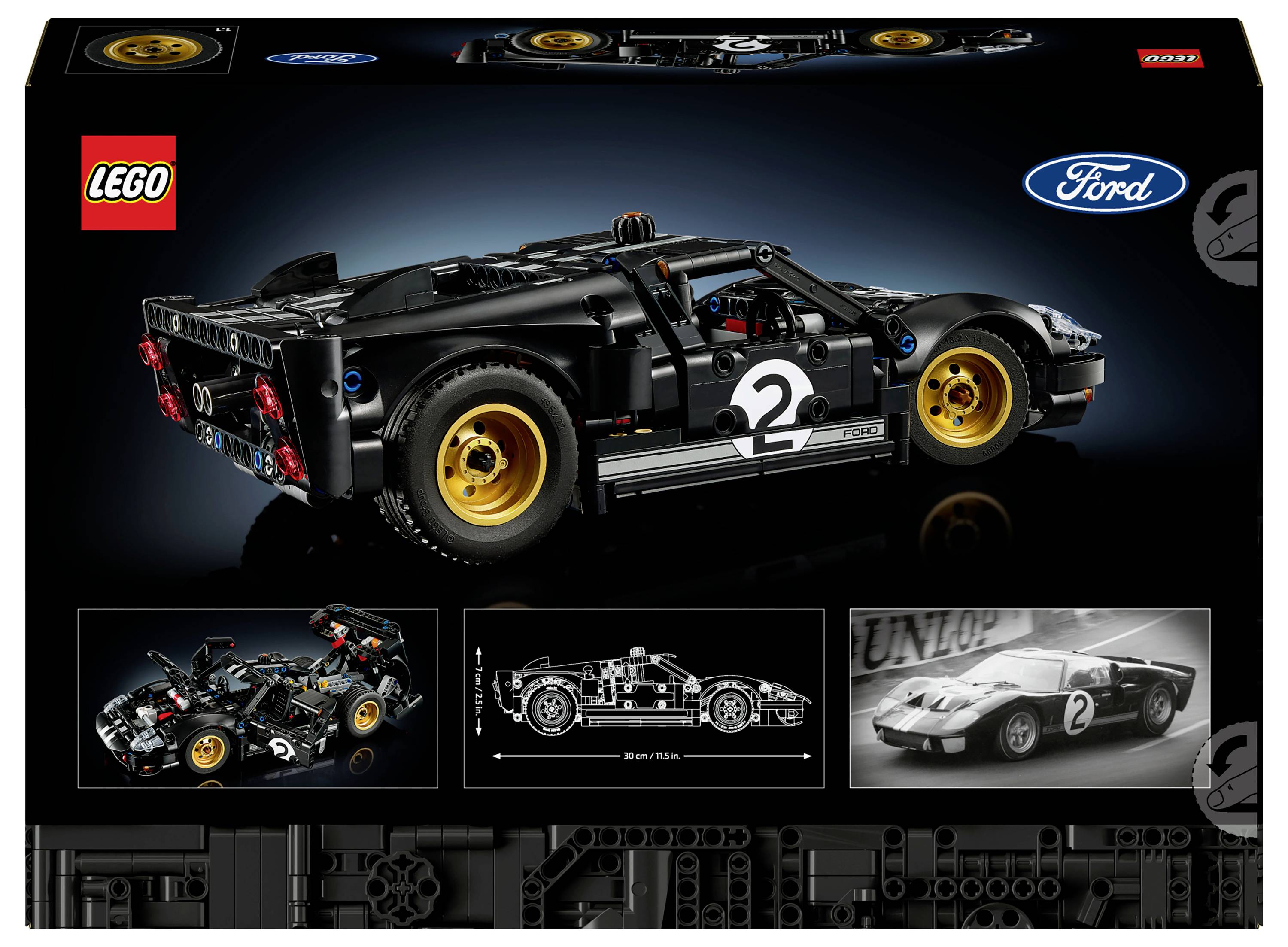 LEGO-Modell eines Ford GT in Schwarz mit goldenen Felgen, auf der Verpackung hervorgehoben. Enthält detaillierte Abbildungen des Autos und des LEGO-Sets.