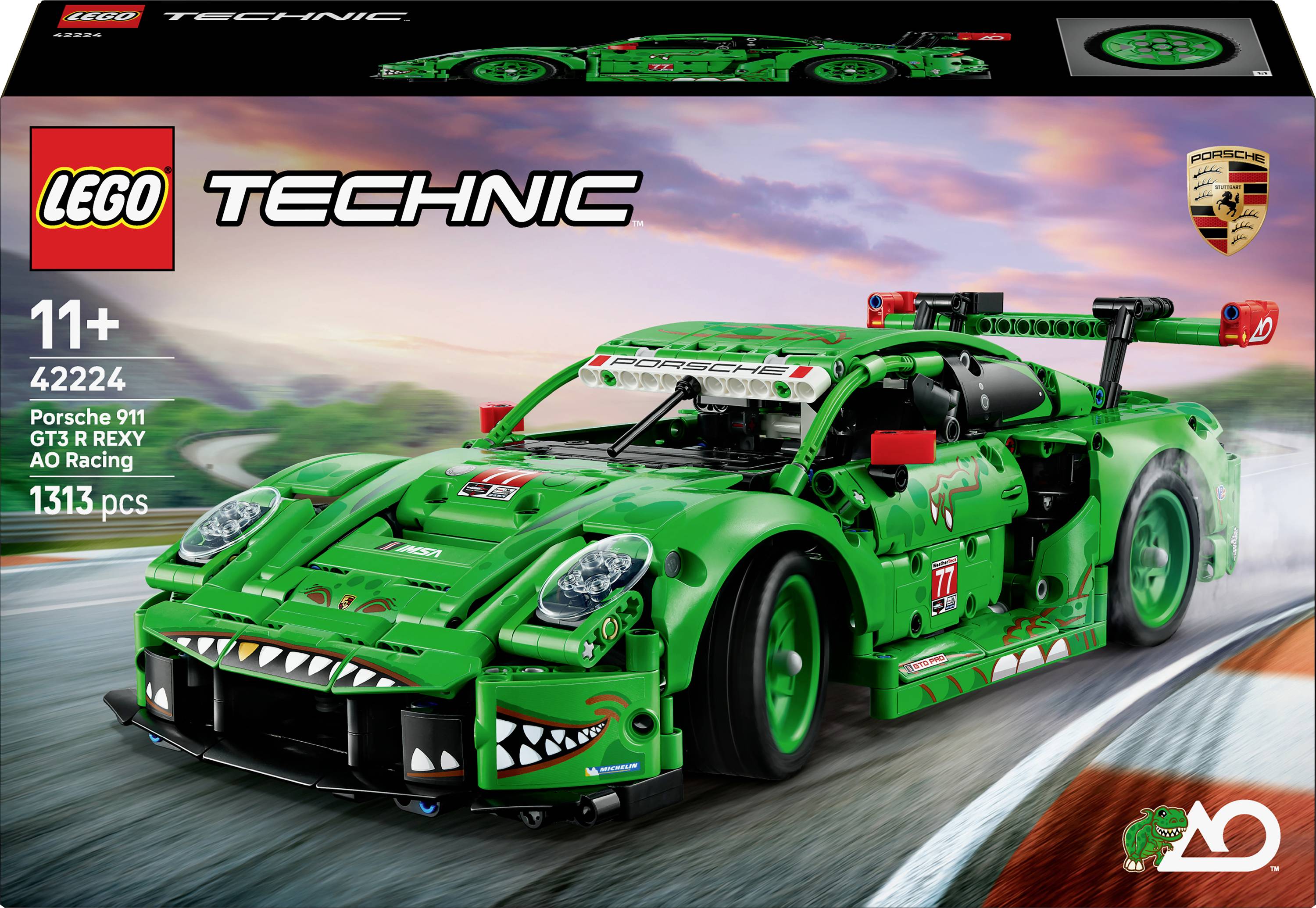 Lego Technic Porsche 911 GT3 Bausatz, ab 11 Jahren, 1313 Teile, grünes Sportwagen-Design vor Rennstrecken-Hintergrund.