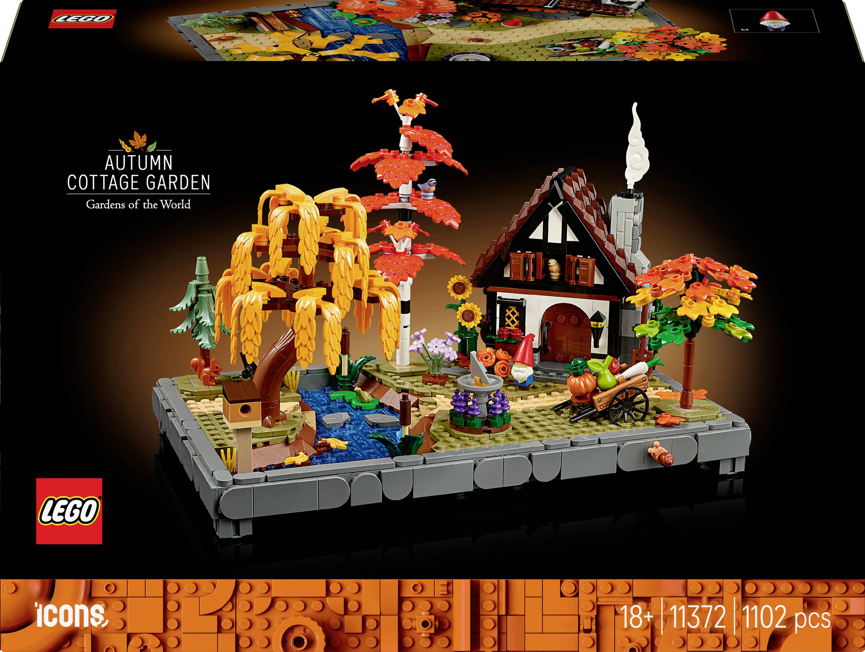 Ein detaillierter LEGO-Satz eines herbstthematischen Cottage-Gartens mit einem Haus, Bäumen und verschiedenen saisonalen Dekorationen, Teil der Serie ‚Gärten der Welt'.
