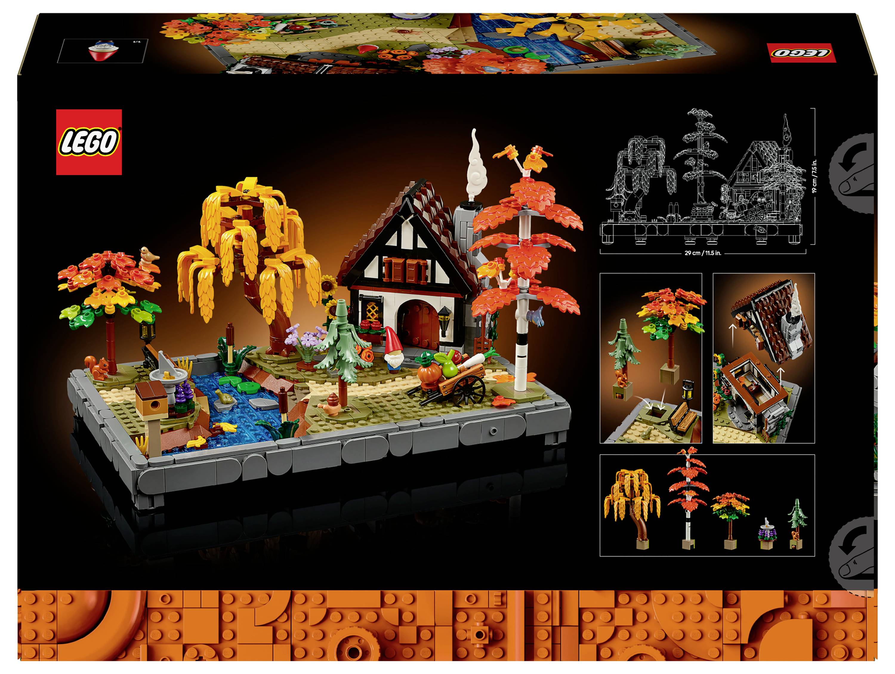 LEGO Ideas Set einer idyllischen Herbstszene mit einem Cottage, einem Teich und farbenfrohen Bäumen. Enthält detaillierte Bauanleitungen.