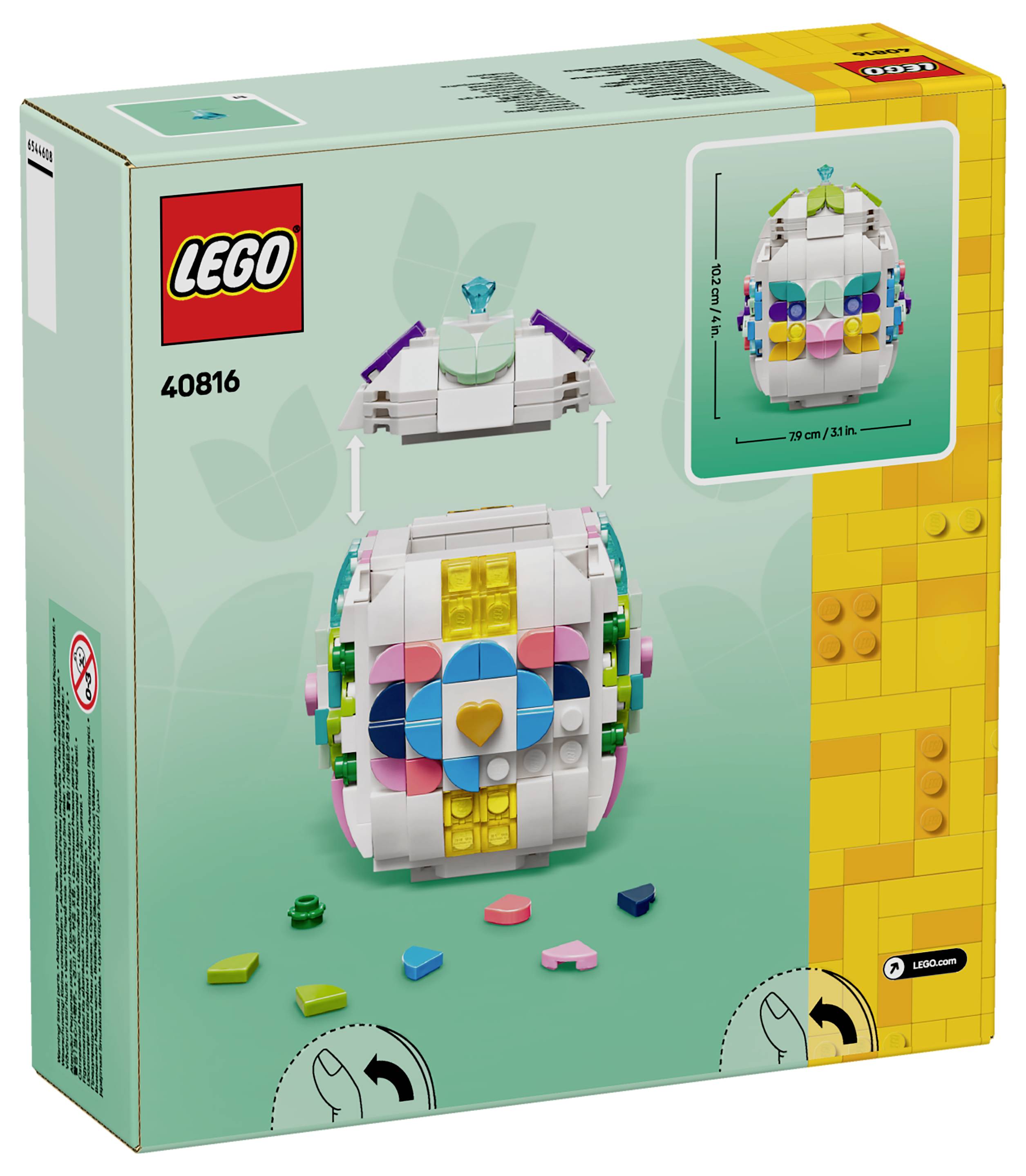 Die LEGO-Set 40816-Box zeigt einen bunten, eiförmigen Aufbau mit hellen Formen und einem Herz auf der Vorderseite. Steine sind um die Basis herum verstreut.