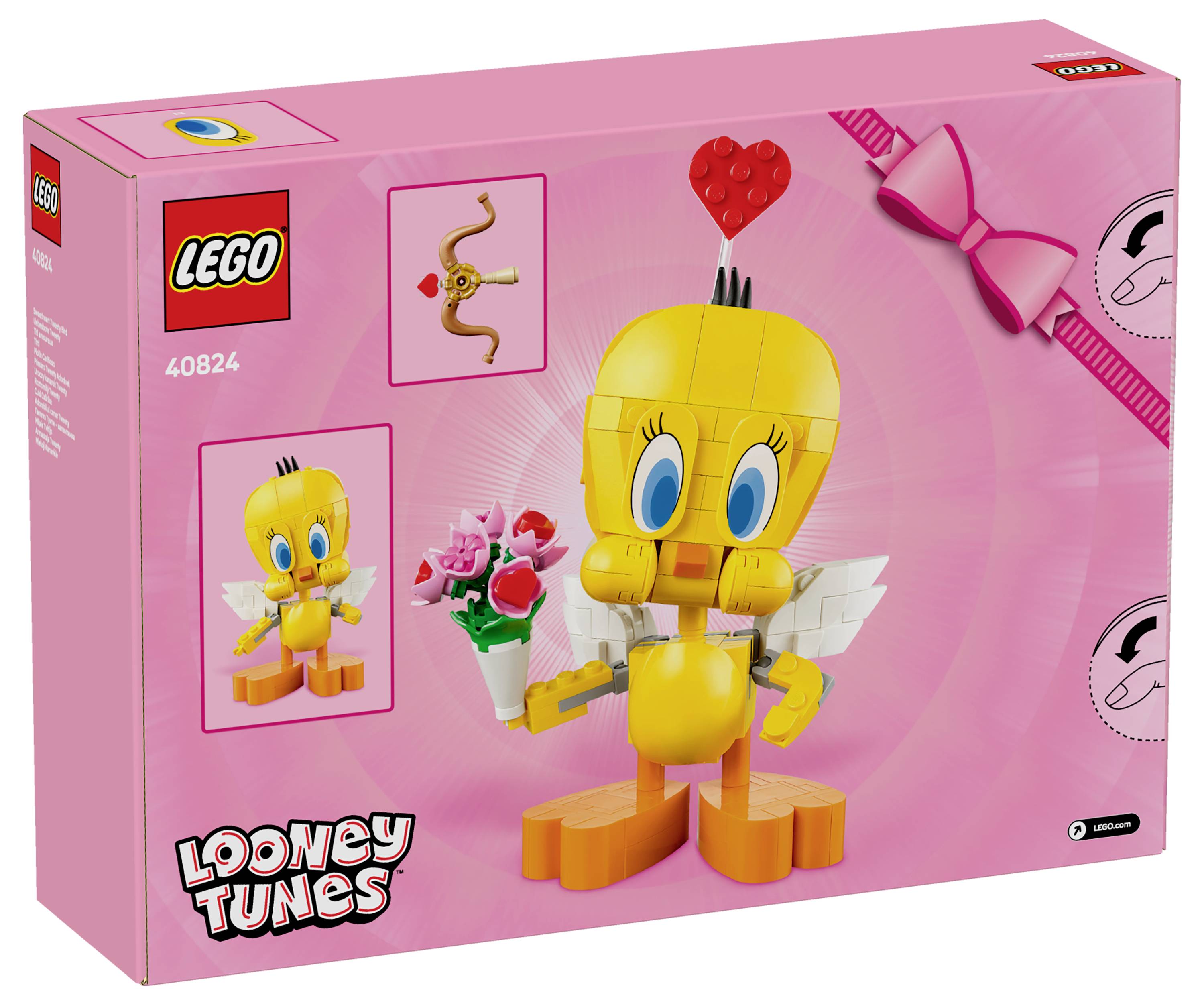 Lego-Set-Verpackung mit einer Tweety-Figur mit Herzdetails, die einen Rosenstrauß hält. Enthält ein Bild der montierten Figur.