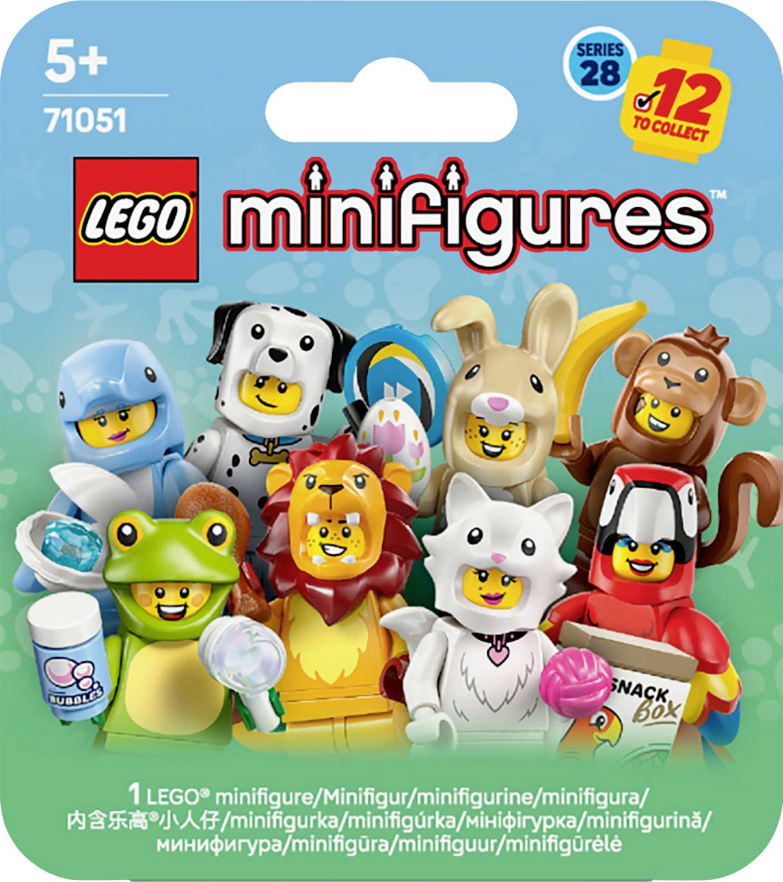 Verpackung für LEGO Minifiguren Serie 28, zeigt verschiedene bunte Figuren, wie Tiere und Charaktere, mit der Beschriftung 