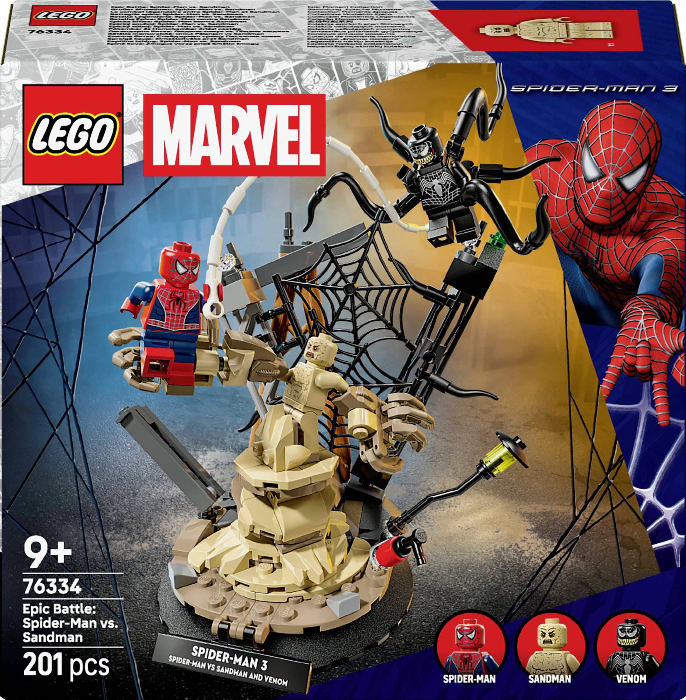 LEGO Marvel Set mit Spider-Man im Kampf gegen Sandman, enthält 201 Teile und zusätzliche Charaktere. Geeignet für Kinder ab 9 Jahren.
