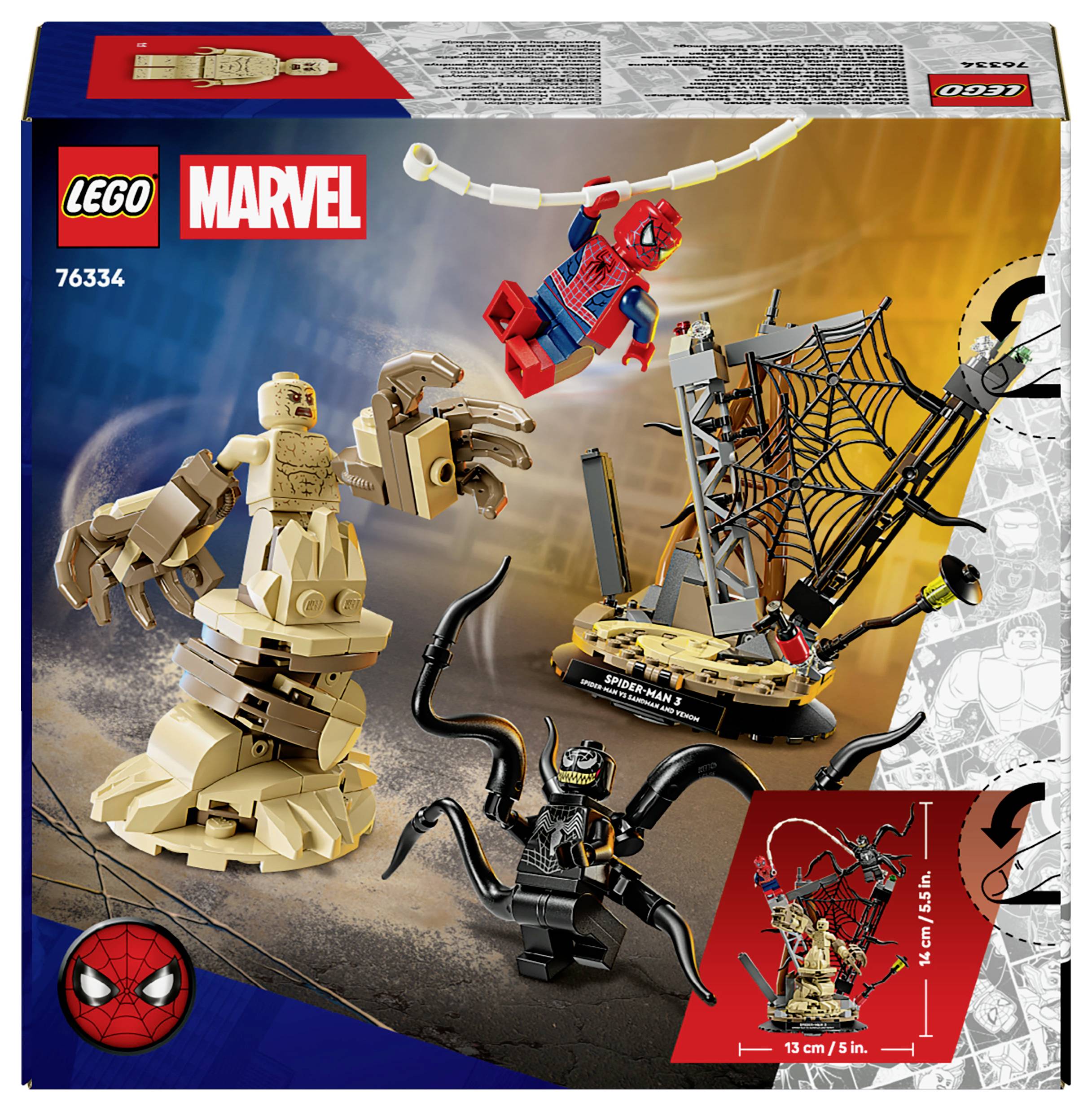 Lego Marvel Set mit Spider-Man, Sandman und einem mit Spinnweben bedeckten Turm, mit einer Figuren-Höhenreferenz von 13 cm oder 5 Zoll.