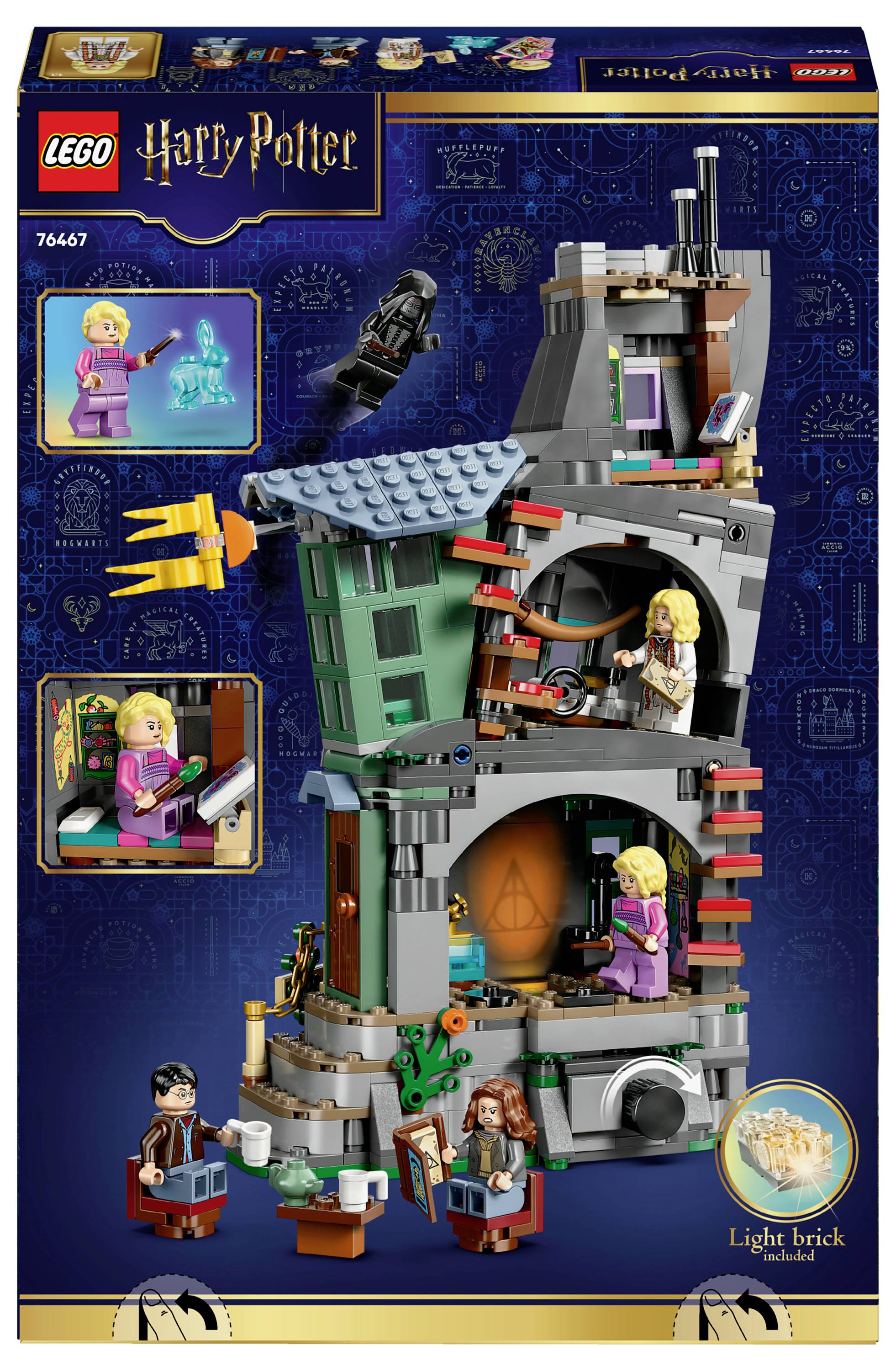 LEGO-Set, das ein mehrstöckiges Haus aus einem magischen Themenbereich darstellt, mit Figuren, Zubehör und einer Leuchtstein-Funktion.