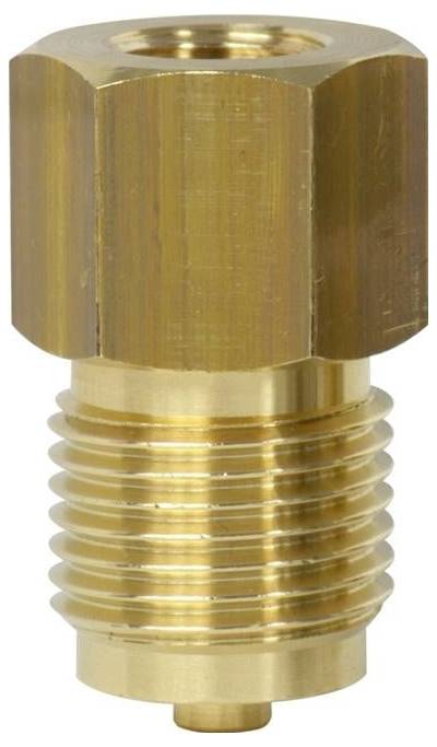 Eine goldene Metallfitting mit sechseckiger Oberseite und gewindeter Unterseite, wahrscheinlich zum Verbinden von Rohren oder Schläuchen in Sanitär- oder mechanischen Systemen verwendet.