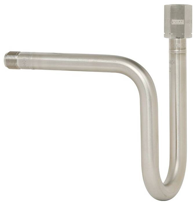 Ein Edelstahlrohr mit einer 90-Grad-Biegung und Gewindeenden, verwendet für Sanitär- oder industrielle Anwendungen.