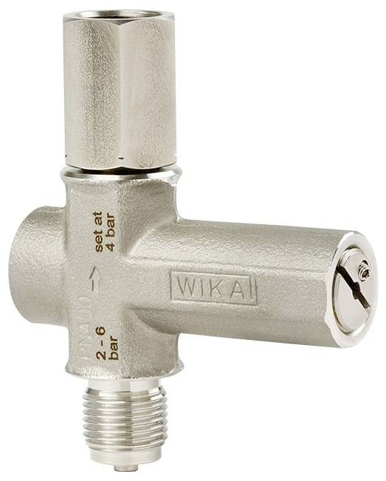 Sicherheitsventil mit der Bezeichnung 'WIKA', zeigt einen Druckbereich von 2-6 bar, mit Einstellwert bei 4 bar. Silberne Metalloberfläche.