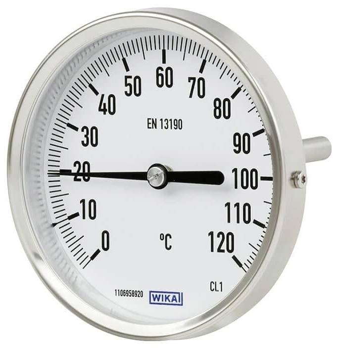 Ein Metallanalog-Thermometer, das eine Temperatur von 20°C anzeigt, mit einer Skala von -30°C bis 120°C und der Markierung 'EN 13190'.