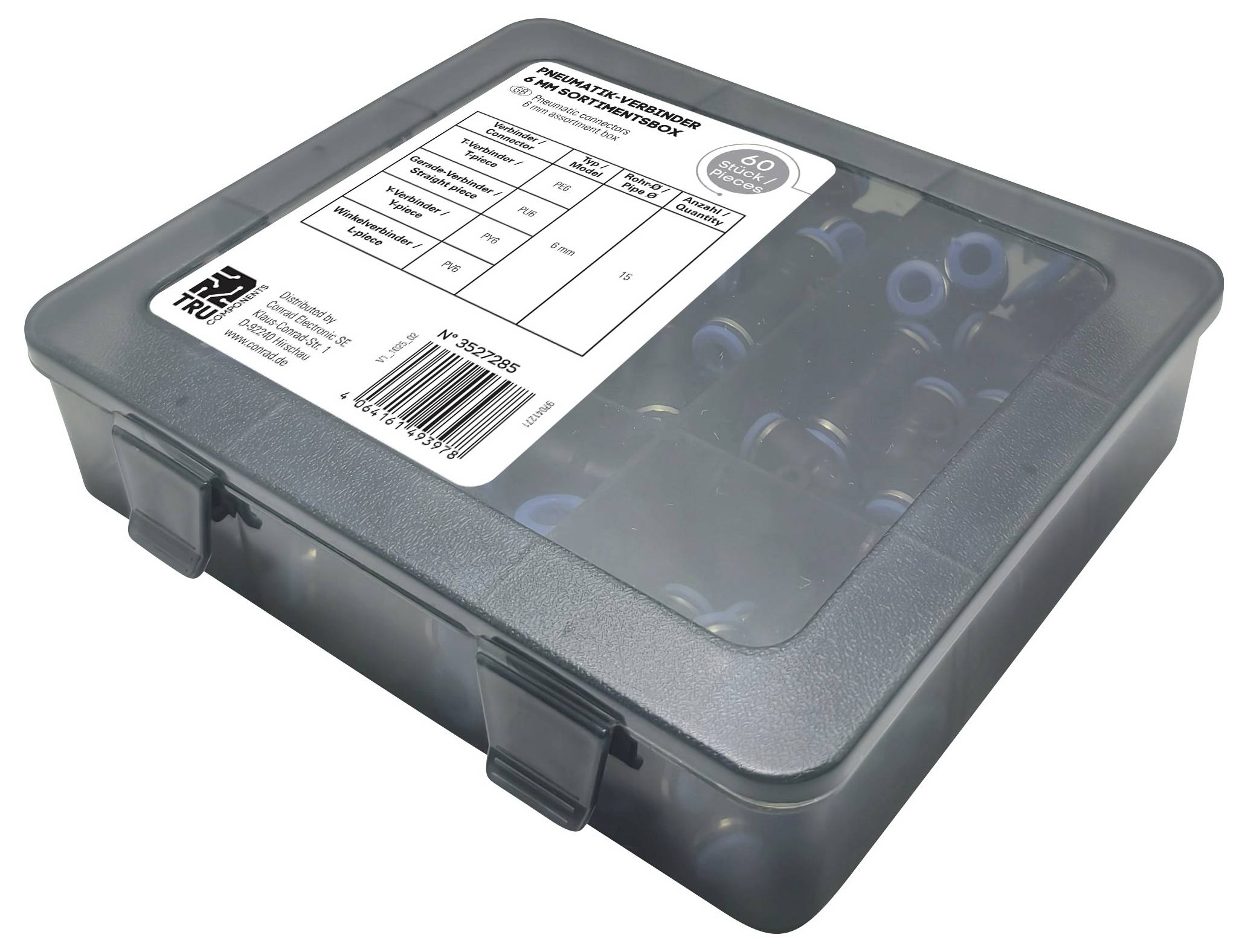 Eine Plastikbox mit verschiedenen Ventilkappen, versehen mit einem Etikett, das Spezifikationen und Menge detailliert beschreibt.