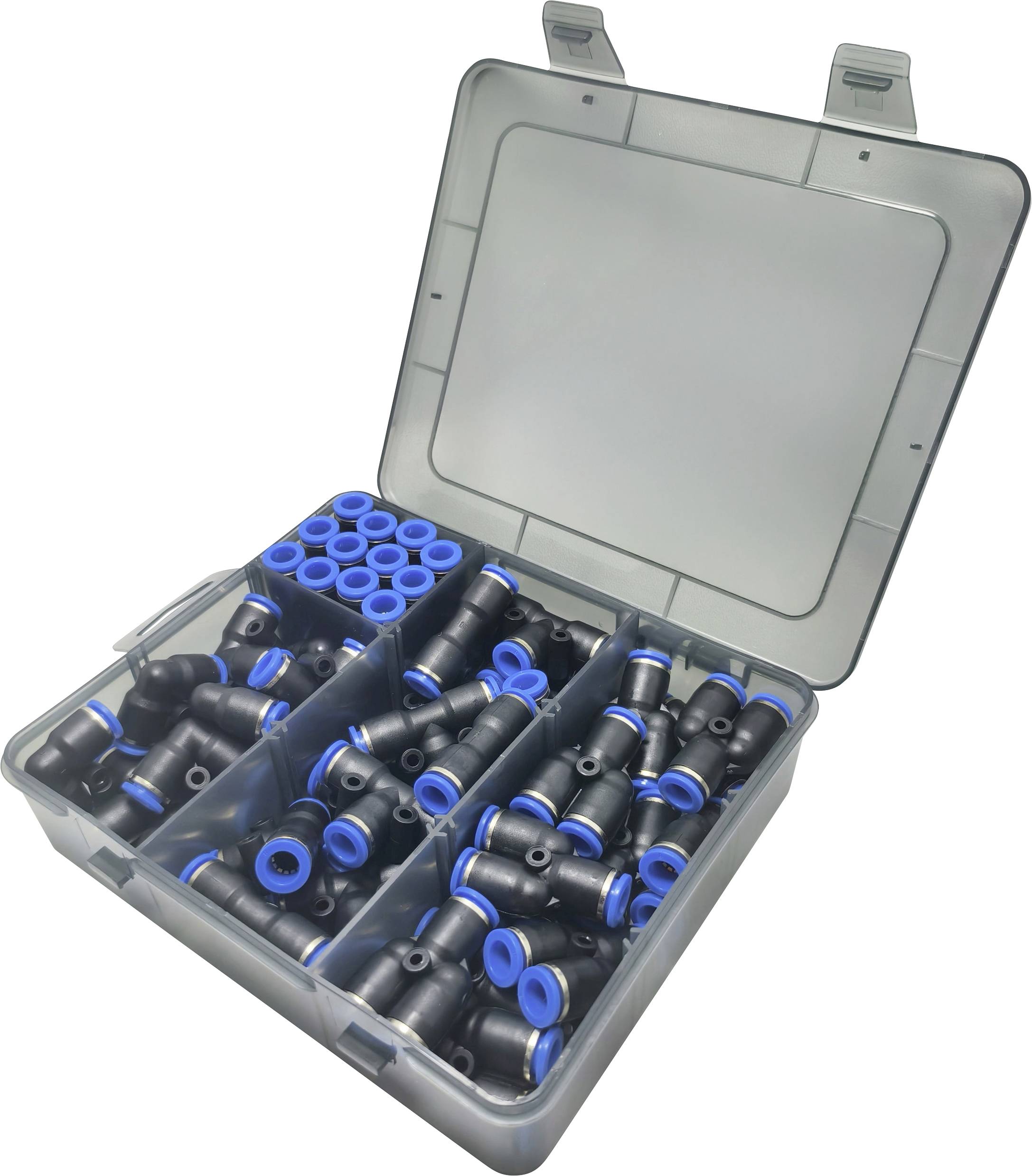 Eine offene Plastikkiste enthält verschiedene Größen von schwarzen und blauen pneumatischen Anschlüssen, die in Fächern sortiert sind.