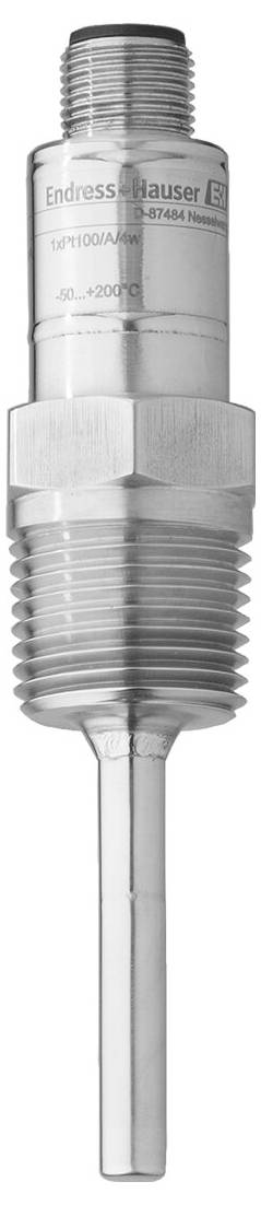 Edelstahl-Zylindersensor für industrielle Anwendungen mit Gewinde an den Enden und einer langen Sonde, isoliert auf weißem Hintergrund dargestellt.