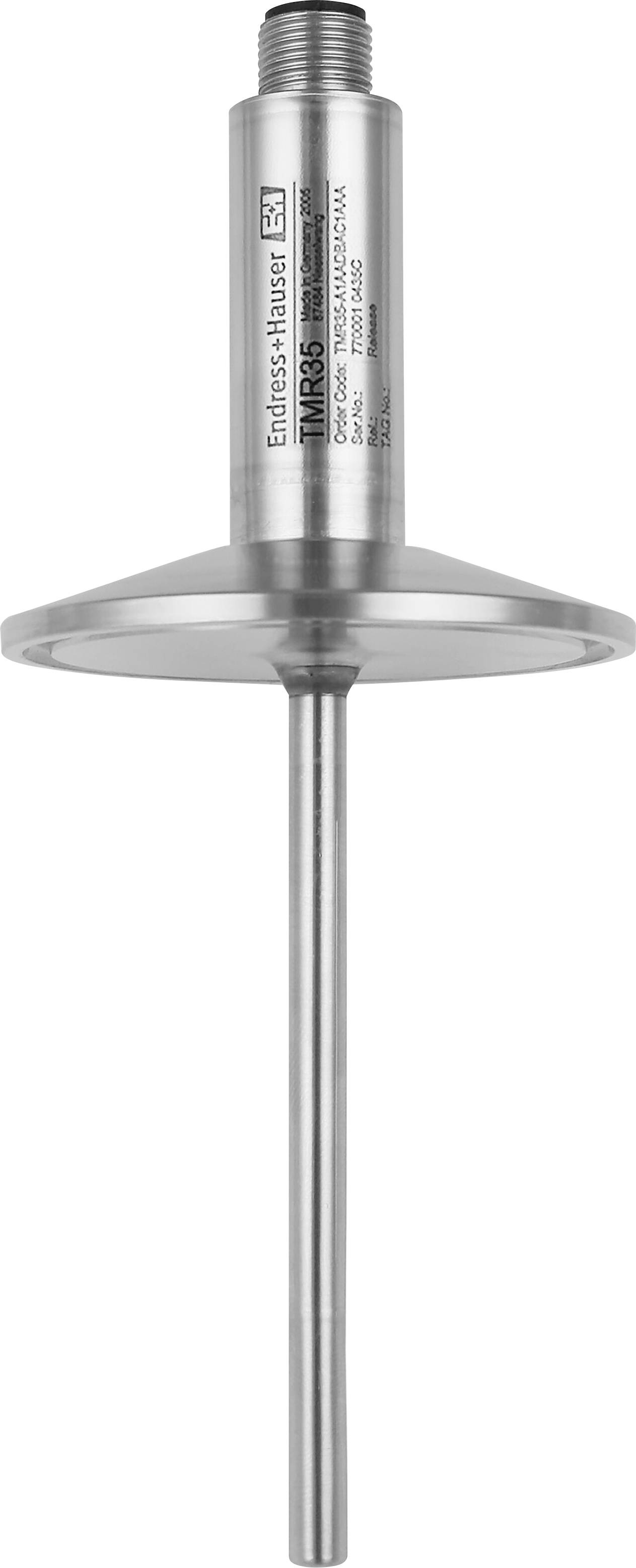 Edelstahltemperaturfühler für industrielle Anwendungen mit Gewindetop und langem Stabsensor, gekennzeichnet mit „Endress+Hauser TM35