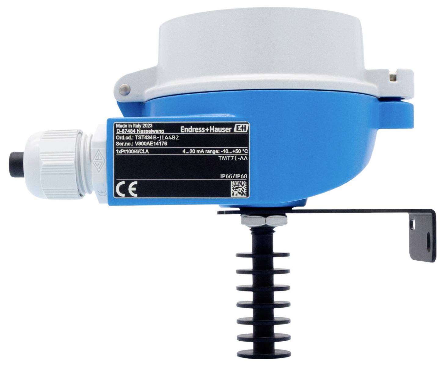 Industrielles Temperaturübertragungsgerät mit blau-weißem Gehäuse, Montageklammer und Fühlersensor; gekennzeichnet als Endress+Hauser.