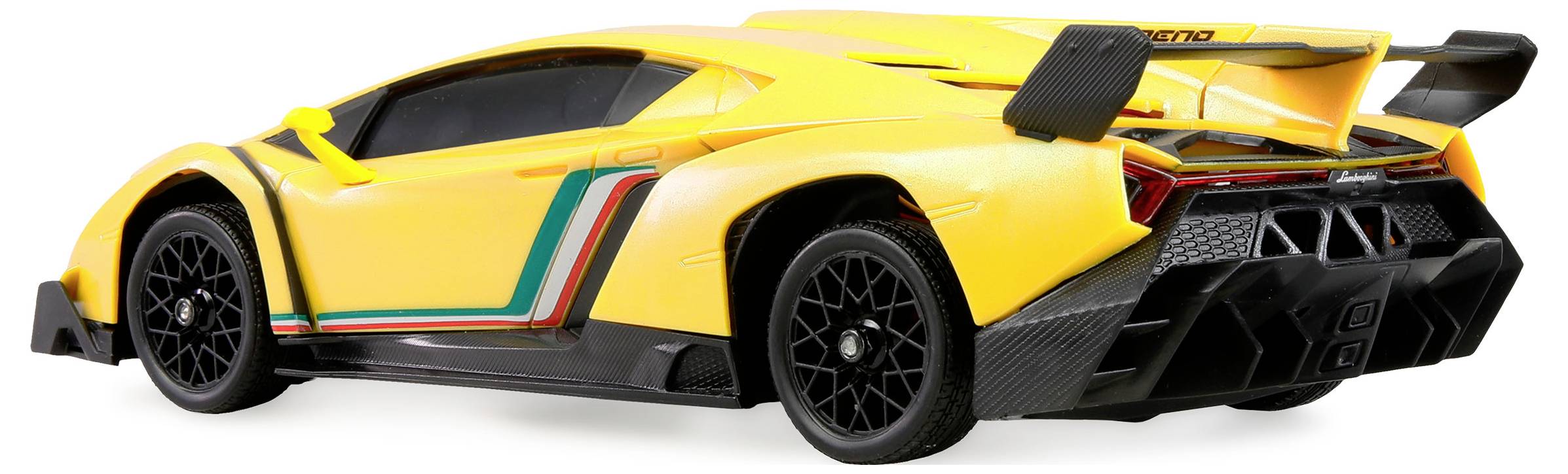 Ein gelber Sportwagen mit schwarzen Felgen und aerodynamischen Merkmalen, einschließlich eines großen Heckspoilers. Er hat grüne, weiße und rote Streifen.