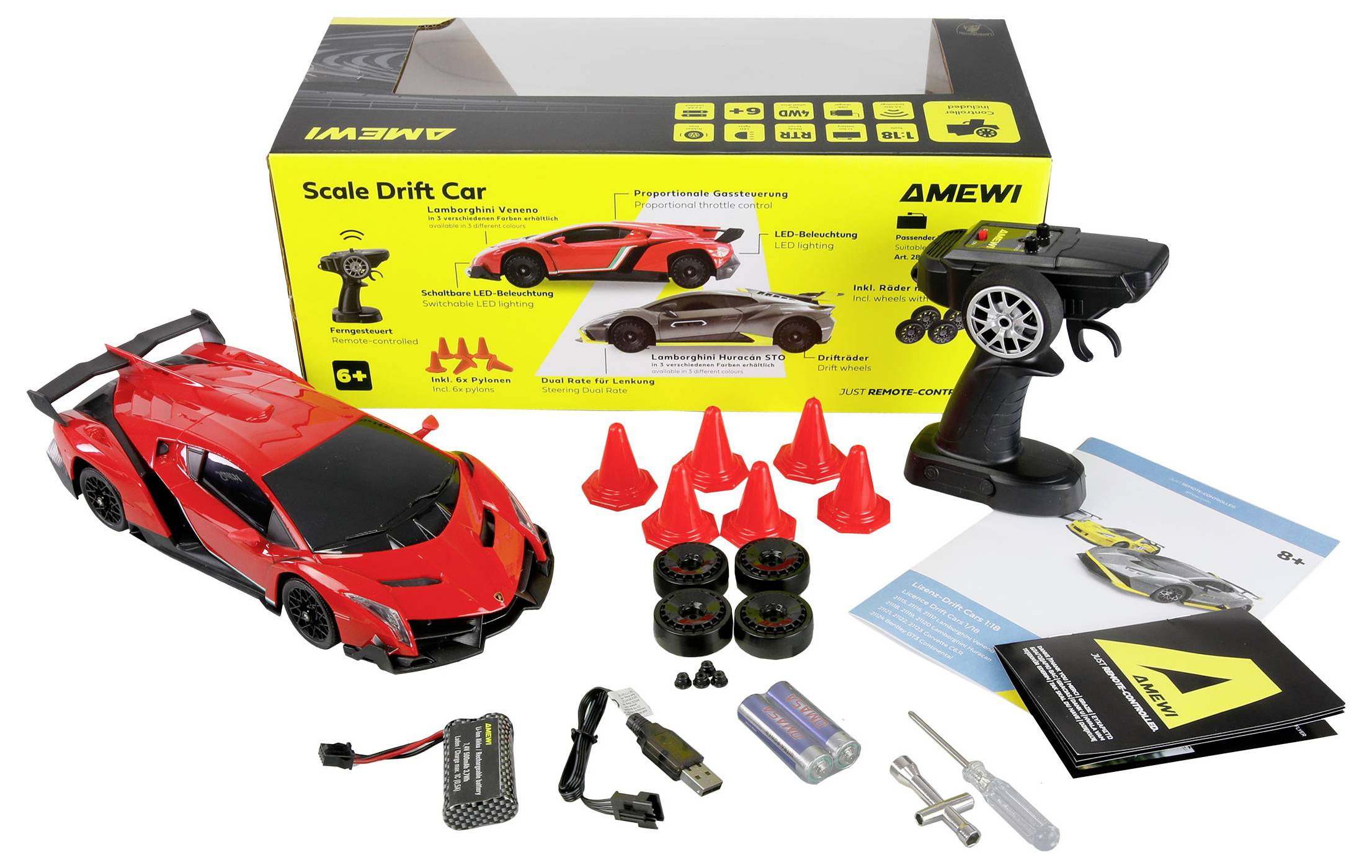 'Scale Drift Car' Set enthält ein rotes Spielzeugauto, Fernbedienung, zusätzliche Reifen, Batterie, USB-Kabel und Bedienungsanleitung, ideal für Kinder ab 6 Jahren.